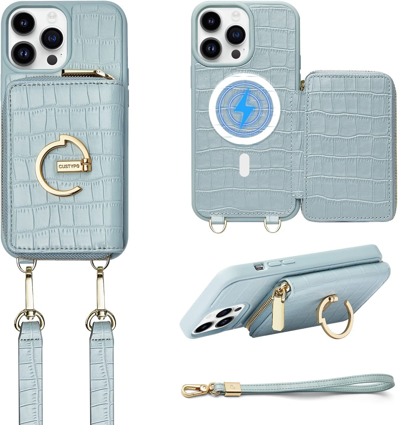 CUSTYPE for Iphone 14 Pro Max Magsafe Case Wallet with Strap Wrist for Women, Crossbody Zipper Case with Card Holder, [Compatible with Wireless Charging] Protective Case Purse with Ring 6.7Inch, Beige  C CUSTYPE Blue iPhone 14 Pro Max-6.7“ 
