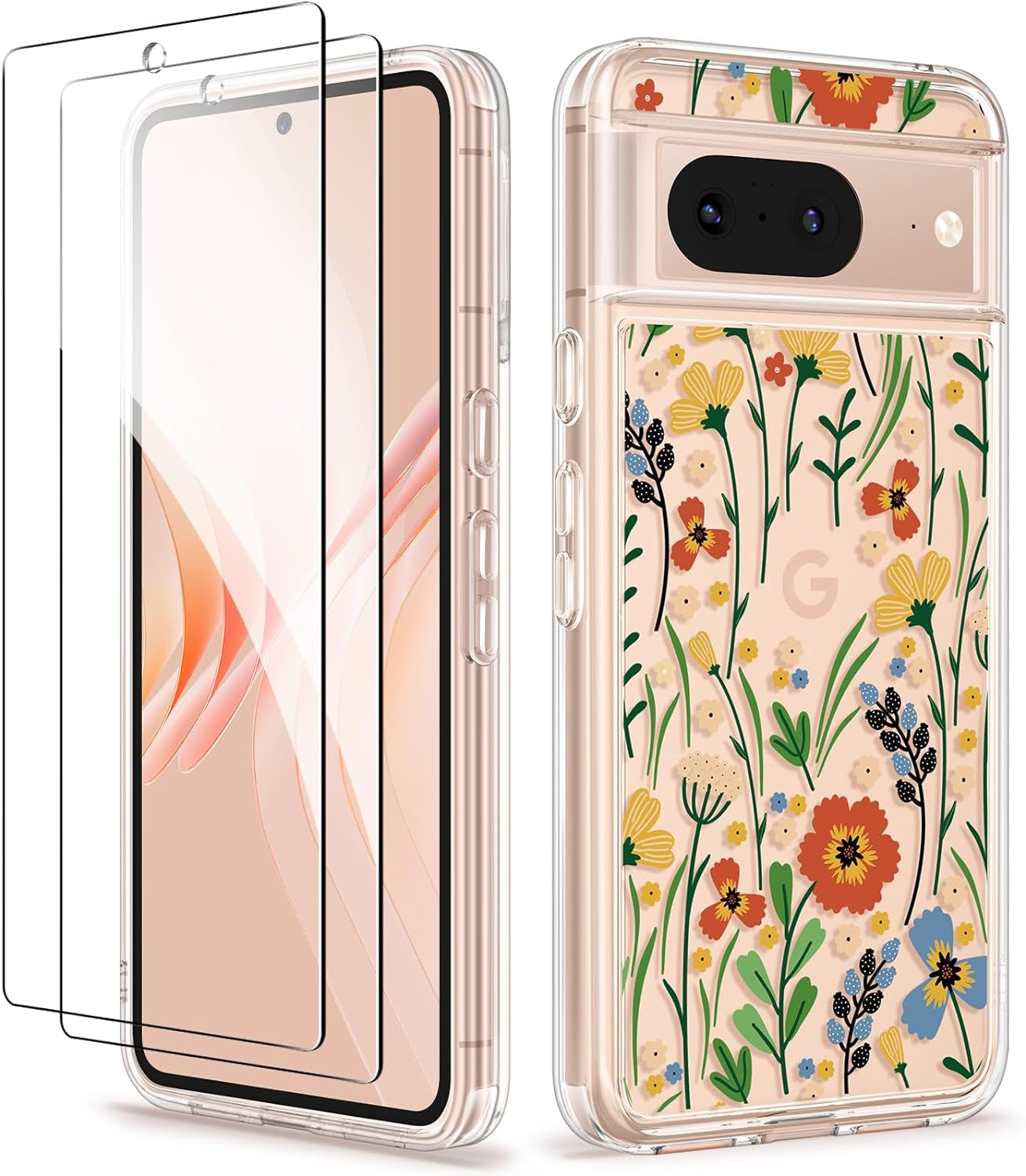 GVIEWIN Compatible with Google Pixel 8 Case with 2X Screen Protector, Clear Floral Slim Shockproof Protective Hard PC+TPU Bumper Flower Women Phone Case Cover 6.2'' 2023 (Cherry Blossoms/Purple)  GVIEWIN Blooming Flowerets For Google Pixel 8 (6.2-Inches, 2023) 