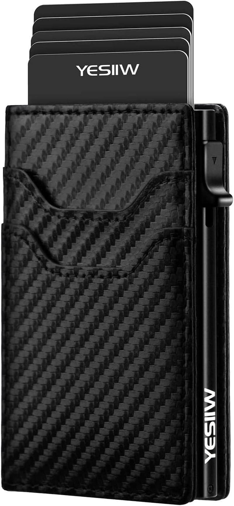 YESIIW Auto Pop up Credit Card Holder with Money Pocket | Minimalist Business Card Wallet RFID Blocking for Men | Smart Slim Aluminum Metal Debit Card Case Gifts for Dad Fathers | Space Gray  YESIIW B1 - Carbon Black (Bifold Leather)  