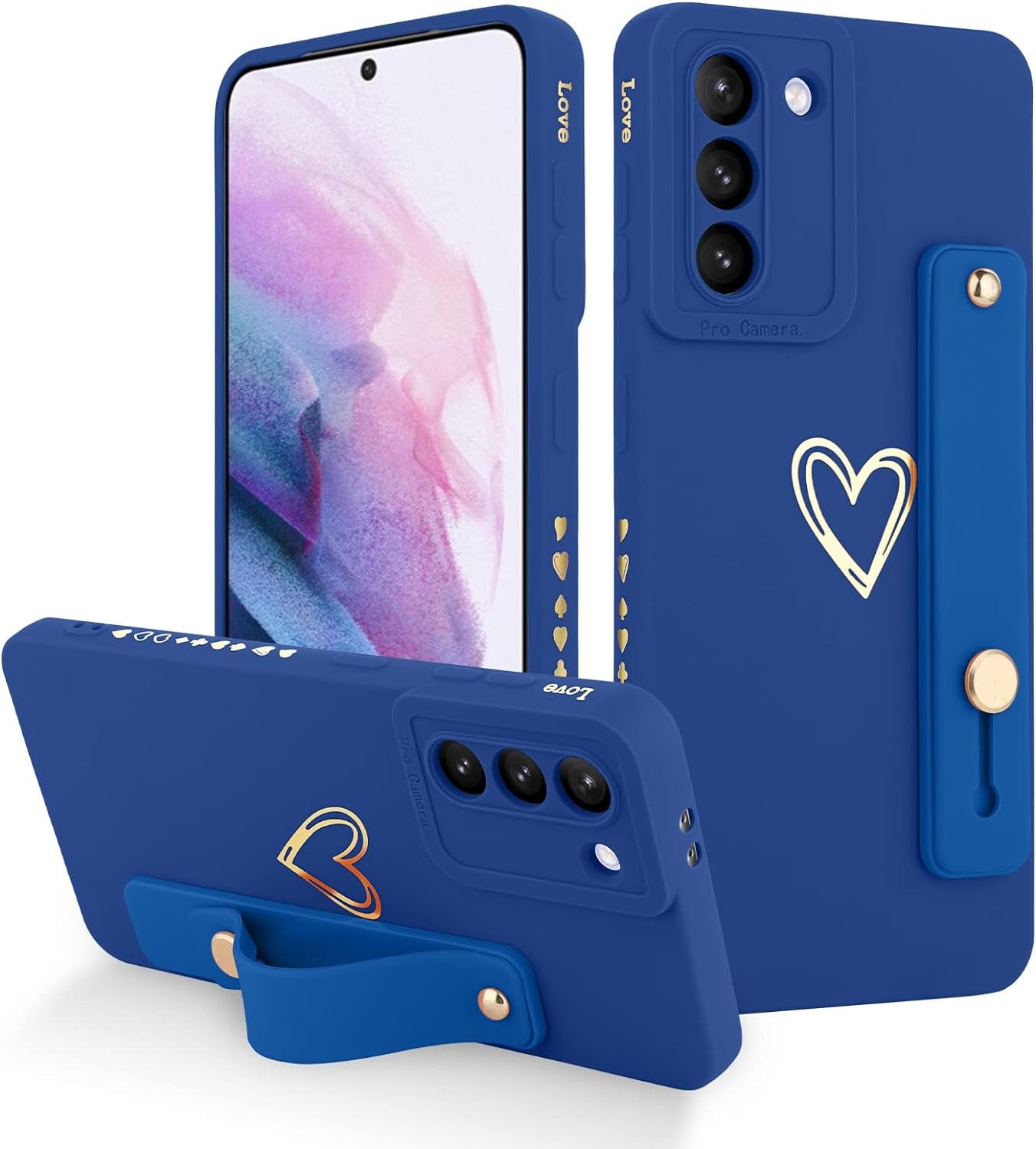 Fiyart Designed for Galaxy S21 5G Case with Phone Stand Holder Cute Love Hearts Pattern Slim Protective Camera Protection Cover with Wrist Strap for Women Girls for Galaxy S21 5G 6.2"-White  Fiyart Dark Blue  