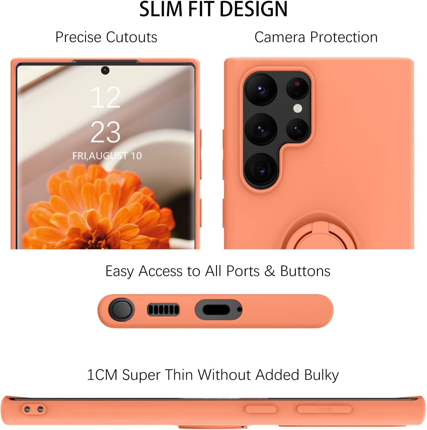 DUEDUE for Samsung Galaxy S22 Ultra 5G Case, Liquid Silicone Slim Soft Gel Rubber Cover with Ring Kickstand Car Mount Function Shockproof Protective Phone Case for Samsung S22 Ultra 6.8", Orange  DUEDUE   