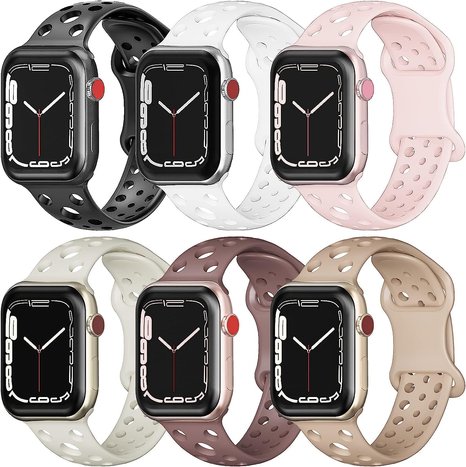 Wohben 6 Pack Sport Bands Compatible with Apple Watch Band 38Mm 40Mm 41Mm 42Mm 44Mm 45Mm Women Men, Breathable Soft Silicone Bands Waterproof Replacement Strap for Iwatch Series 7 6 5 4 3 2 1 SE  Wohben   
