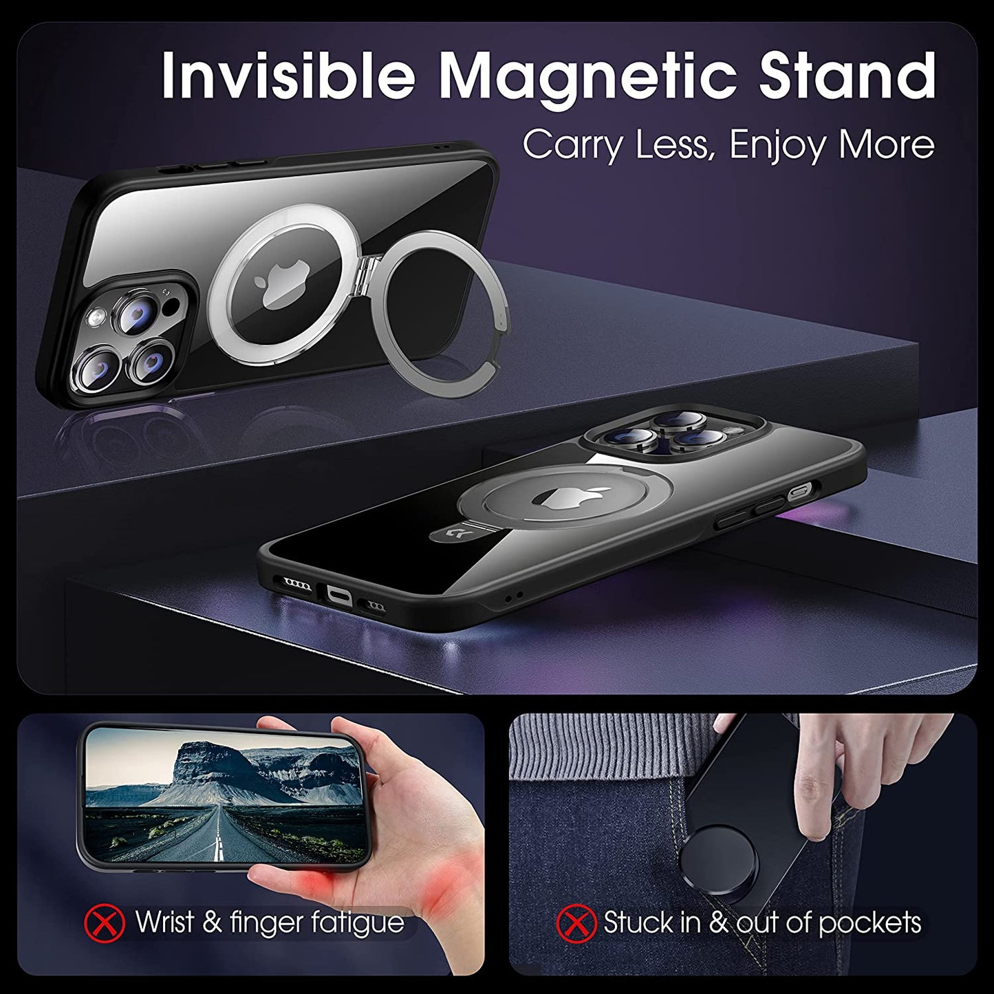 CASEKOO Magnetic Clear for Iphone 14 Pro Case with Invisible Stand [Compatible with Magsafe] [Non Yellowing] Shockproof Protective Slim Ring Holder for Women Men Phone Case 6.1 Inch 2022, Black  CASEKOO   