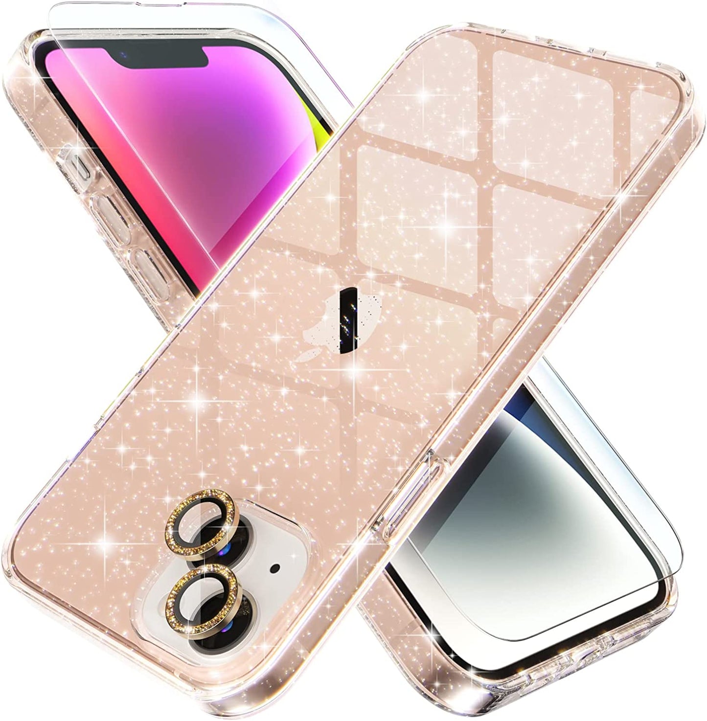 Choiche Compatible for Iphone 14 plus Case Cute, Women Clear Glitter Bling Sparkly Case, [2 X Diamond Camera Lens Protectors] [2 X Tempered Glass Screen Protectors] 6.7-Inch (Glitter Black)  Choiche Glitter Gold Iphone 14 Plus 