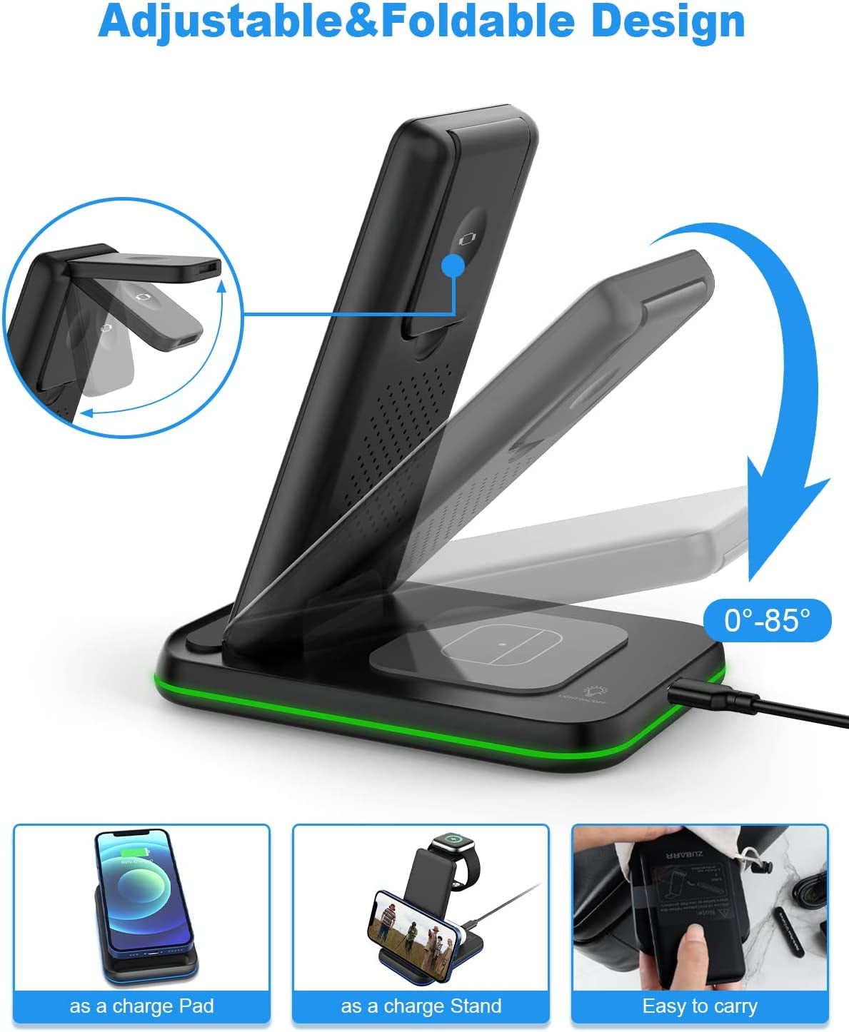ZUBARR Foldable Wireless Charger for Multiple Devices 3 in 1 Wireless Charging Station for Travel, Compatible with Iphone14 13 12 11/Pro/Xr, Iwatch Charger Forse/8/7/6/5/4/3/2, Airpods Wireless/Pro  ZUBARR   