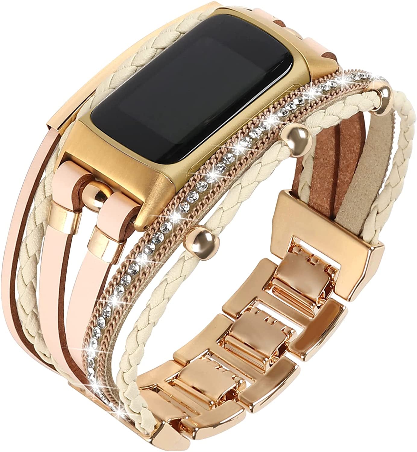 YOSWAN Leather Bands Compatible with Fitbit Charge 5 Bands for Women, Boho Handmade Multilayer Wrap Bracelets Jewelry Strap Wristband Replacement for Fitbit Charge 5 Fitness Tracker  YOSWAN Khaki/Gold  