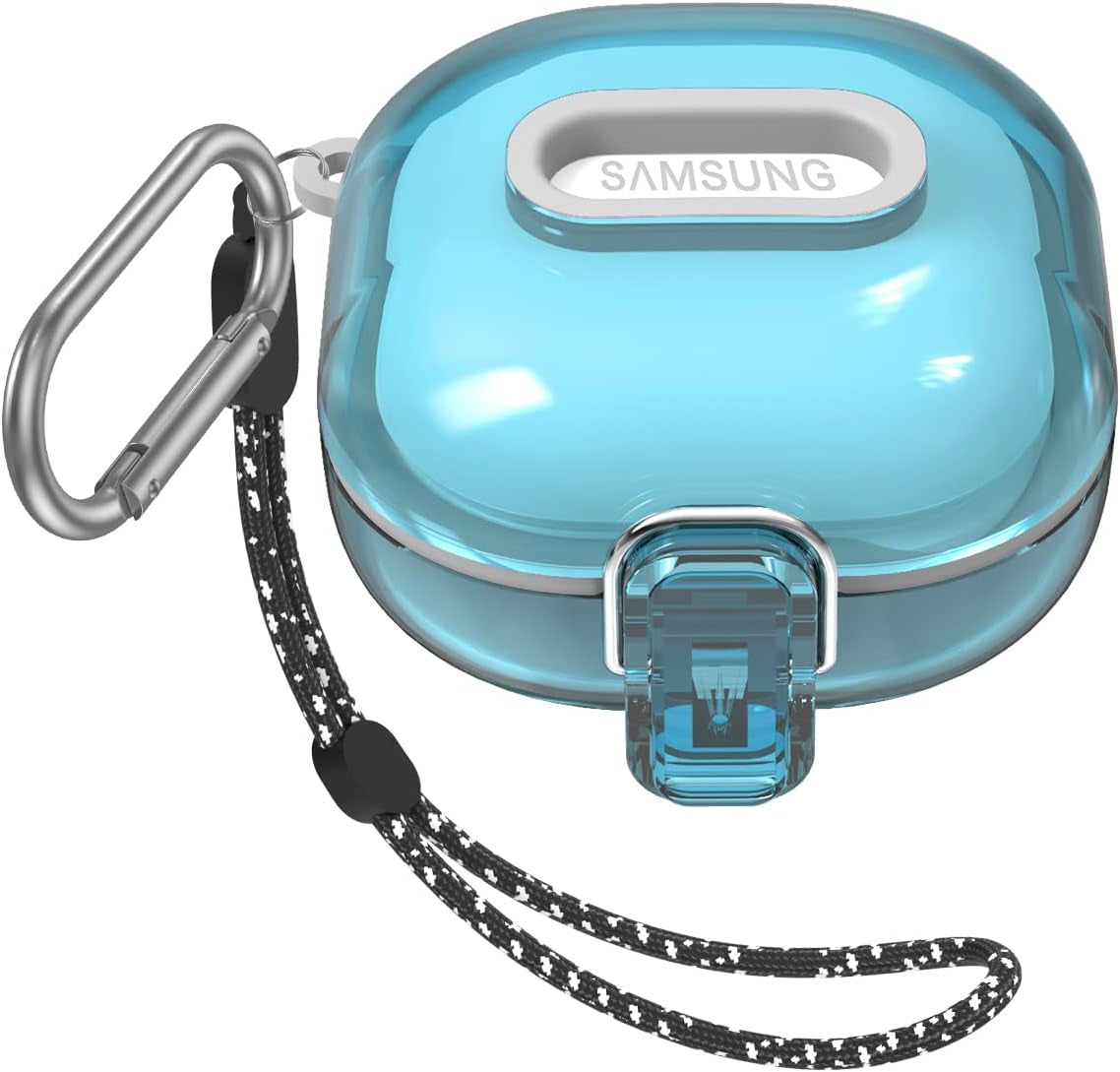 [Upgrade Lock] Case for Samsung Galaxy Buds 2 Pro/Galaxy Buds 2/Galaxy Buds Pro/Galaxy Buds Live, Shock-Absorbing Protective Armor Cover TPU Hard Shell with Carabiner & Lanyard,Clear  VAEKNVG Clear Blue  