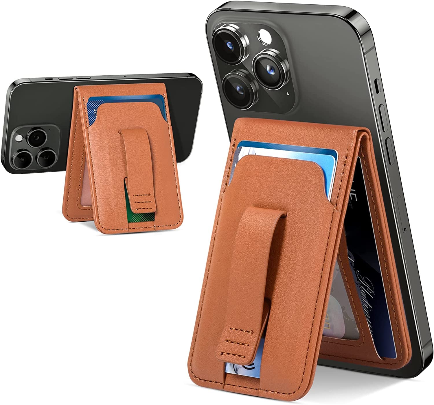 Magsafe Phone Wallet Card Holder: Magnetic Apple Wallet and Adjustable Phone Stand for Iphone 14/13/12 Series, 4 Cards Holder, Grip Finger Loop, Vegan Leather, Black (Not for Iphone 13 Mini/12 Mini)  Huogantom Brown  