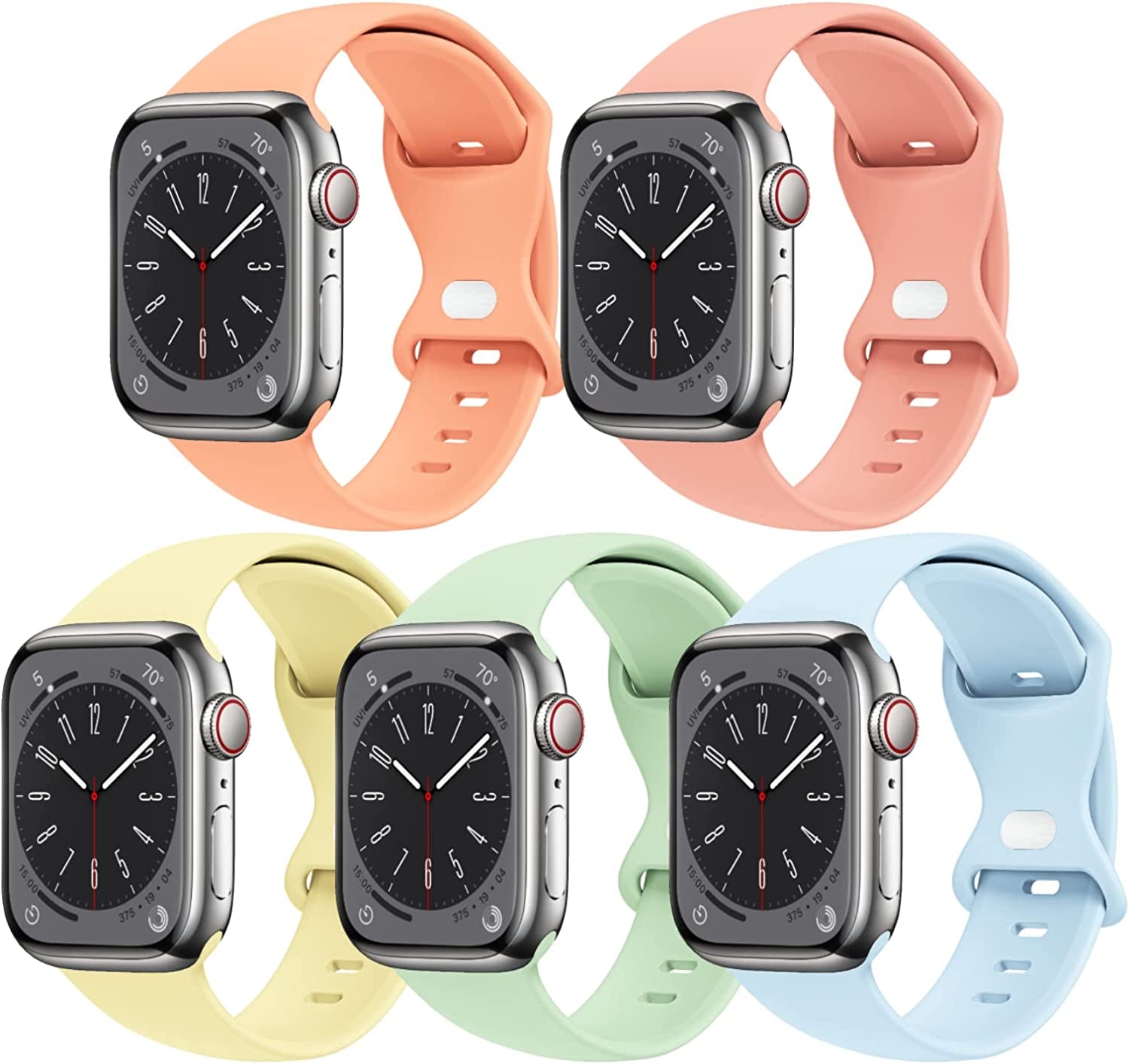 [5 PACK] STG Sport Watch Band Compatible with Apple Watch Band 38Mm 40Mm 41Mm 42Mm 44Mm 45Mm 49Mm Soft Silicone Replacement Sport Strap Compatible for Iwatch Ultra SE Series 8/7/6/5/4/3/2/1 (38Mm/40Mm/41Mm S/M, 5 PACK  STG 5 Pack C - Cantaloupe/Grapefruit/Cream/Pistachio/Seafoam 42mm/44mm/45mm/49mm M/L 