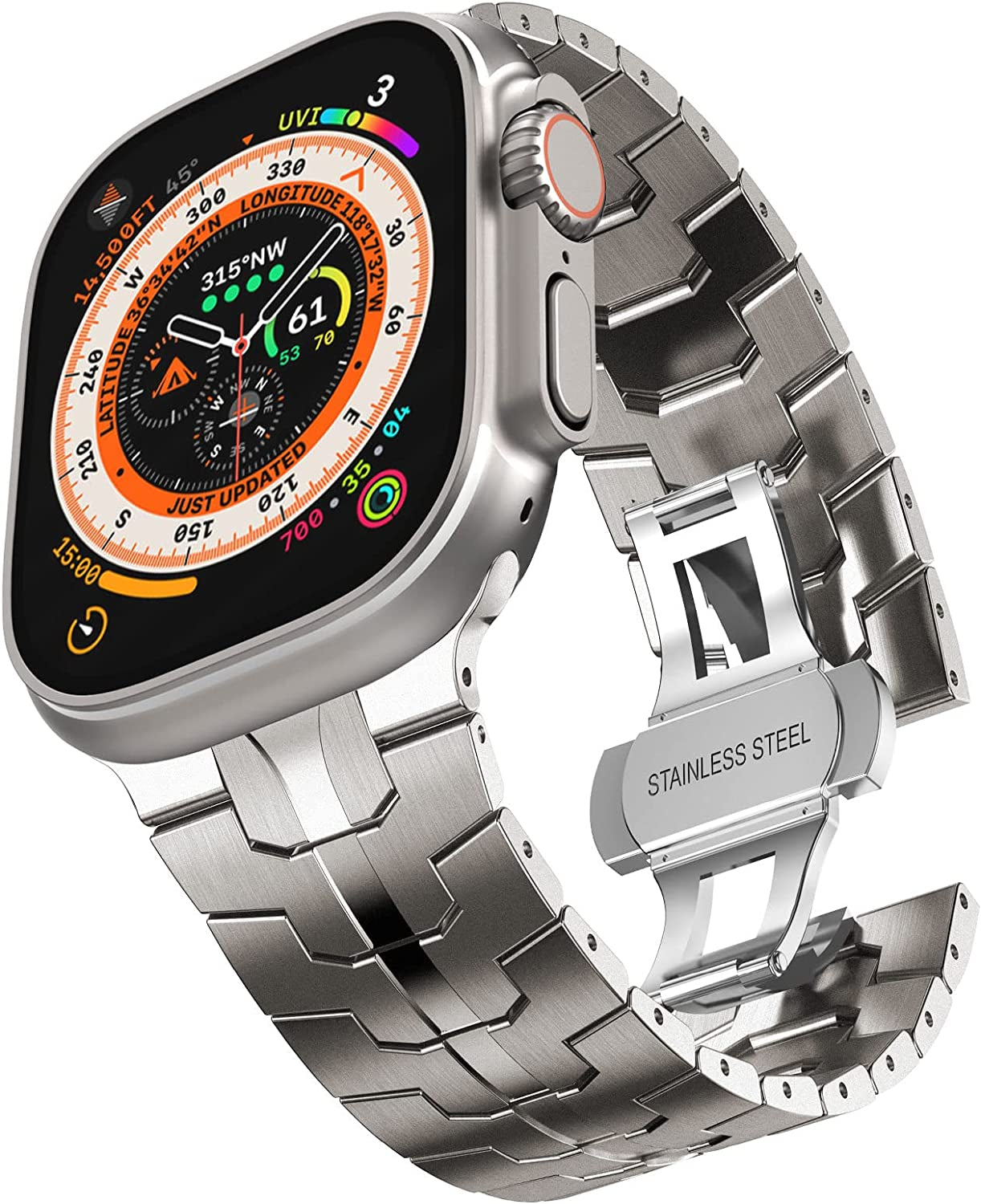 CHANCHY Stainless Steel Band for Apple Watch Ultra Band 49Mm 45Mm 44Mm 42Mm 38Mm 40Mm 41Mm, Metal Strap with Folding Clasp for Apple Watch Series 8 7 6 5 4 3 2 1 SE Men (Black, 49Mm 45Mm 44Mm 42Mm)  CHANCHY Titanium 38mm/40mm/41mm 