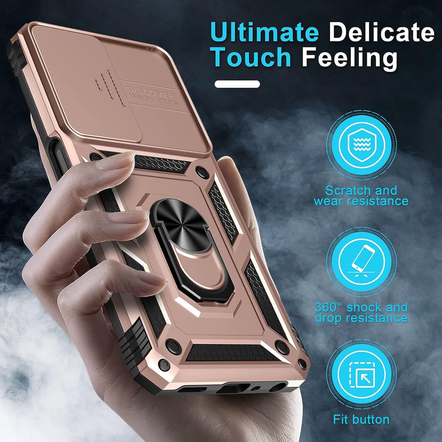 Oneplus Nord N300 5G Case Built in Slide Camera Lens Cover and Screen Protector,Heavy Duty Shockproof Full Body Protective Phone Cover,Built in Finger Ring Stable Holder Kickstand,2022 Rose Gold  Janmitta   