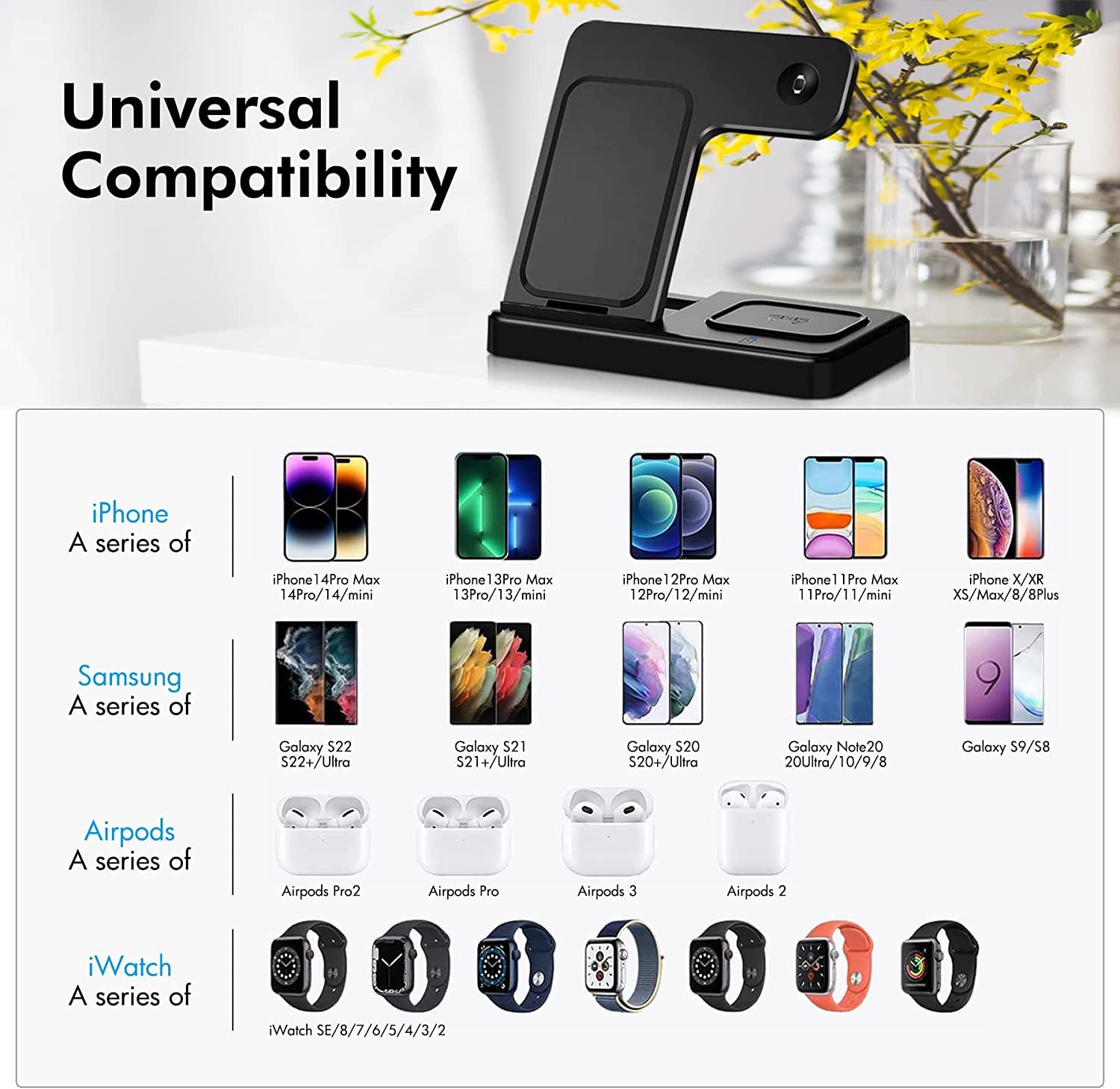 Wireless Charging Station Apple 3-In-1: Fast Wireless Charger Stand for Iphone 14 13 12 11 Pro Max XS XR X 8 plus Charging Station for Apple Watch 8 7 6 5 4 3 2 SE for Airpods 3 2 Pro 3 in 1 Black  GETPALS Wireless Charging Station for Apple   