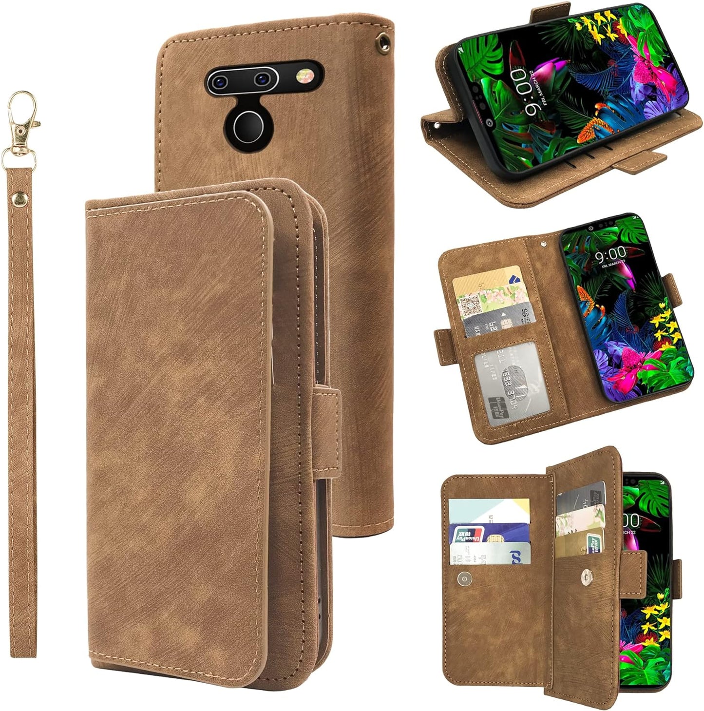Furiet Compatible with LG G8 Thinq Wallet Case Wrist Strap Lanyard Leather Flip Card Holder Stand Cell Accessories Folio Phone Cover for LGG8 Thin Q G 8 LG8 G8Thinq Lgg8Thinq 8G Women Men Brown  Furiet   