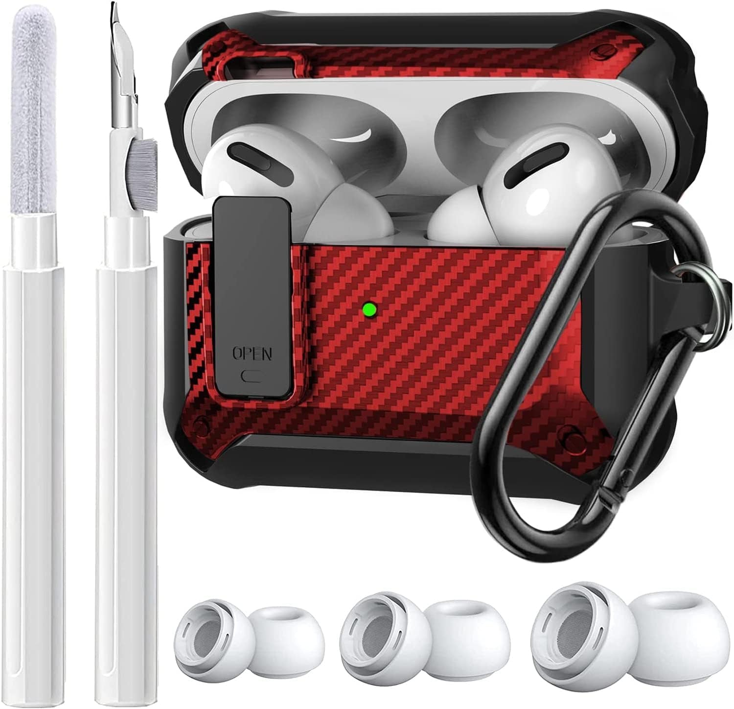 [4 in 1] Airpods Pro 2 Gen/Pro Case Lock with Cleaner Kit&Replacement Ear Tips(S/M/L), Olytop Rugged Airpod Pro 2Nd/1St Generation Protective Cover for Ipod Pro 2019/2022 with Keychain, Black/Red  Olytop   