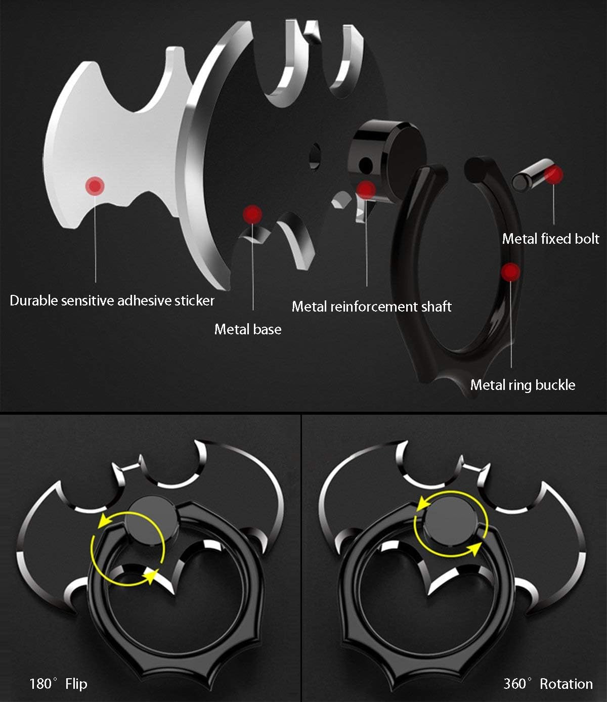 NILSTOREY Cell Phone Ring Holder, Bat 360° Rotation Ring Stand Holder, Metal Finger Grip Kickstand for Iphone, Samsung, Smartphones and Ipads (Black)  NILSTOREY   