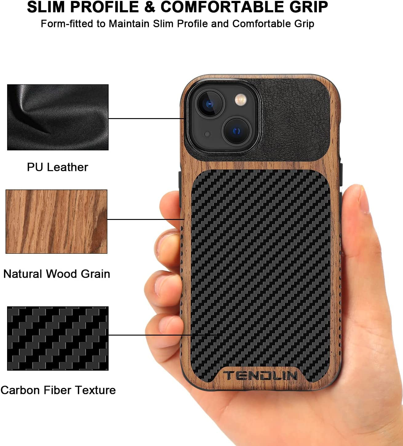 TENDLIN Compatible with Iphone 14 Case Wood Grain with Carbon Fiber Texture Design Leather Hybrid Slim Case Black  TENDLIN   