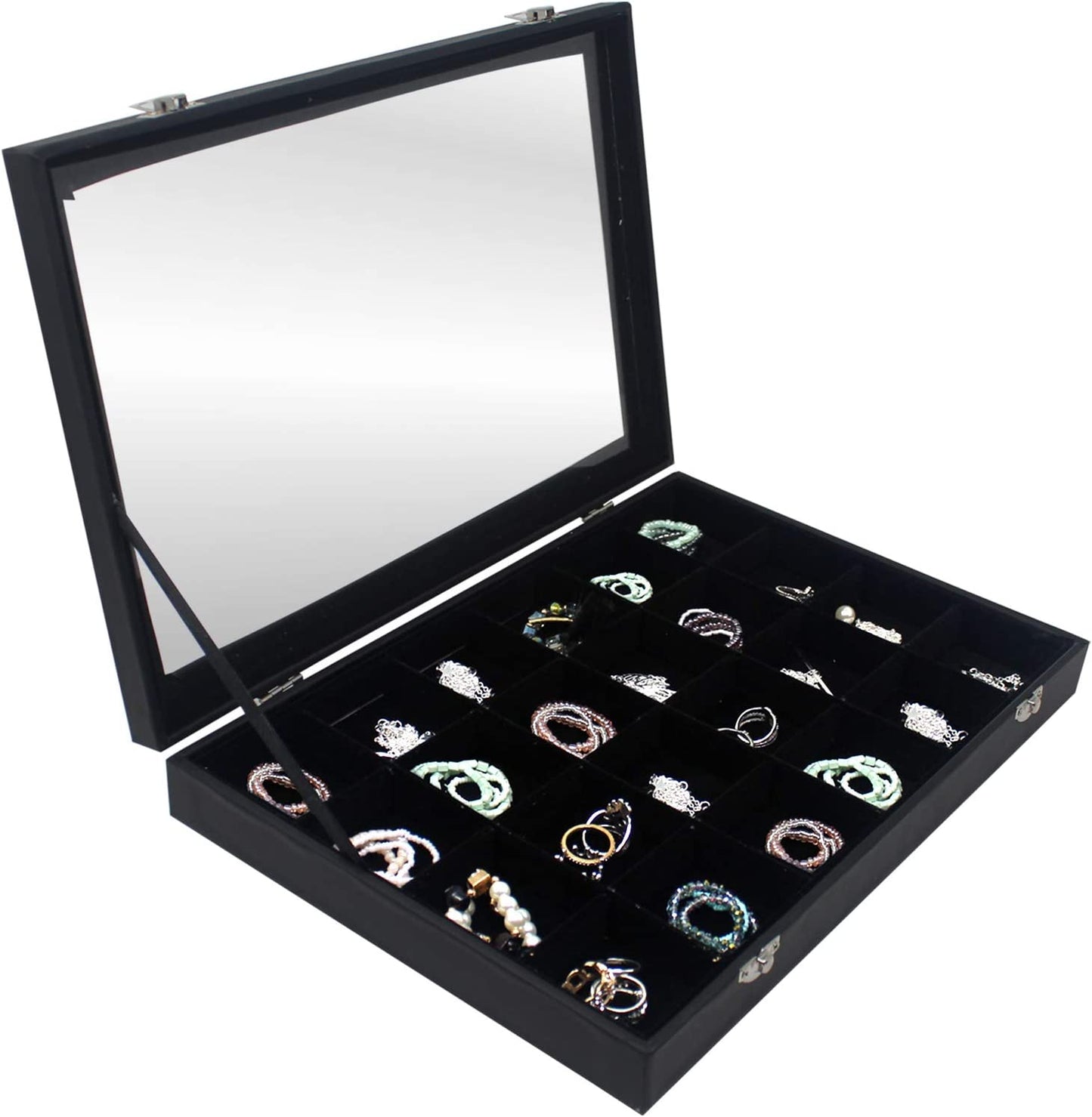 Ring Organizer Box with Transparent Lid ~ Ring Holder Showcase for Store Display, Jewelry Show & Home ~ Jewelry Tray Organizer for Rings, Studs & Earrings (Black)  Hivory Black 24 Grid  