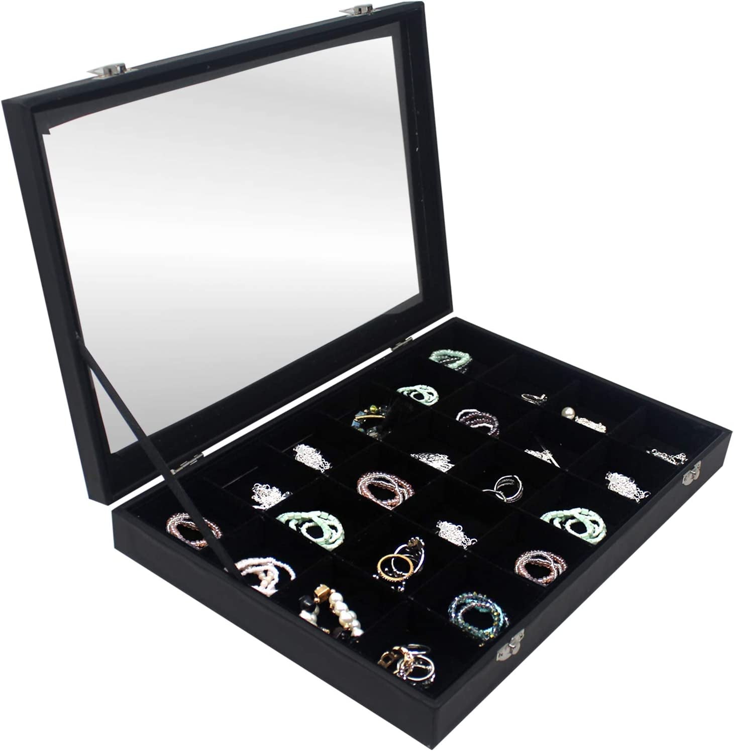 Ring Organizer Box with Transparent Lid ~ Ring Holder Showcase for Store Display, Jewelry Show & Home ~ Jewelry Tray Organizer for Rings, Studs & Earrings (Black)  Hivory Black 24 Grid  