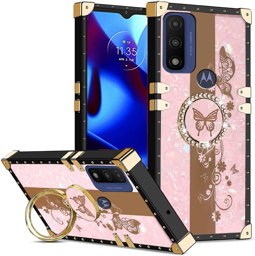 B-Wishy for Moto-G Pure Phone Case,Moto G-Power 2022 Case with Kickstand Ring Holder,Square Rivet for Girls Women Anti-Shock Slim Shockproof TPU Cover Phone Case for Moto G Play 2023(Y Black)  B-wishy Hd Pink  