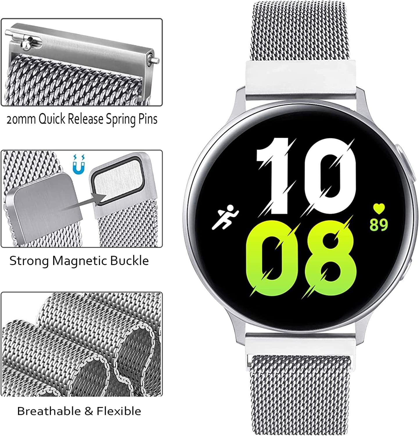 20Mm Quick Release Watch Band Metal Strap for Samsung Galaxy Watch 5 4 3 40Mm 41Mm 42Mm 44Mm 45Mm 46Mm Magnetic Mesh Watch Band for Amazfit Bip U Pro/Gts for Galaxy Watch Active/Active 2 40Mm 44Mm  DMVEIMAL   