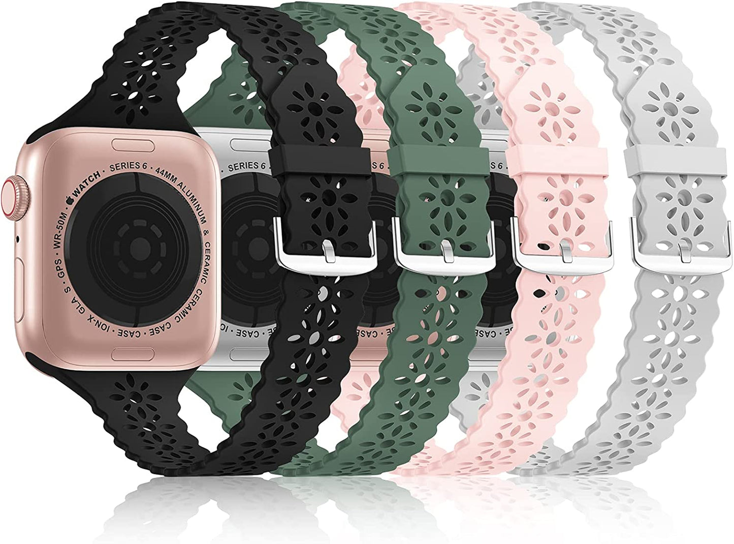 Bandiction 4 Pack Lace Silicone Bands Compatible with Apple Watch Band 38Mm 40Mm 41Mm 42Mm 44Mm 45Mm 49Mm, Women Slim Thin Hollow-Out Sport Wristband for Iwatch Series Ultra 8 SE 7 6 5 4 3 2 1  Bandiction Black/Sand Pink/Pine Green/Light Gray 42mm/44mm/45mm/49mm 