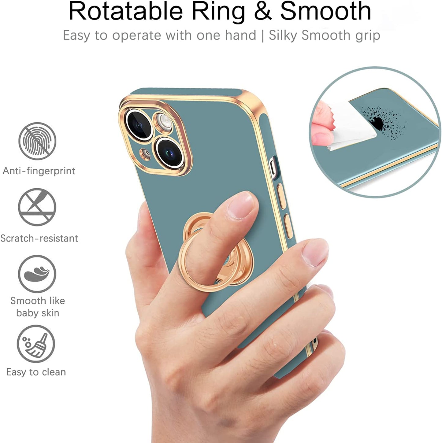 VENINGO Iphone 14 Case,Phone Cases for Iphone 14,Slim Fit Soft 360° Ring Holder Kickstand Magnetic Car Mount Supported Easy Clean Shockproof Protective Cover for Apple Iphone 14 6.1", Blue Grey/Golden  VENINGO   
