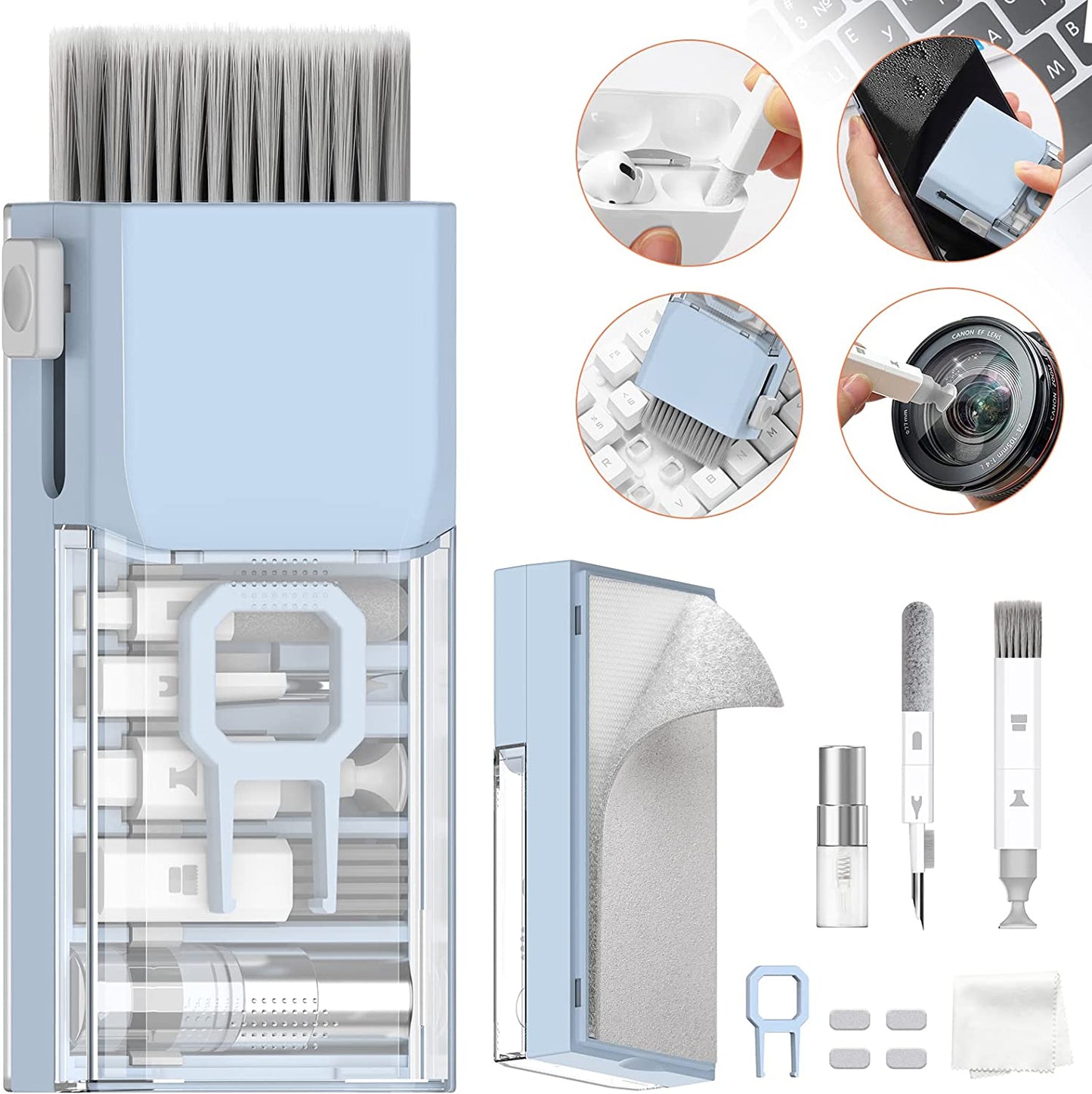 10-In-1 Keyboard Cleaner, Laptop Cleaning Kit Lens Pen for DSLR Cameras, 3 in 1 Earbud Cleaner Pen, Computer Cleaning Kit, Polish Cleaning Cloth Brush for Screen/Electronic/Macbook/Phone/Ipad/Pc/  Grete Gotye Morandi Blue  