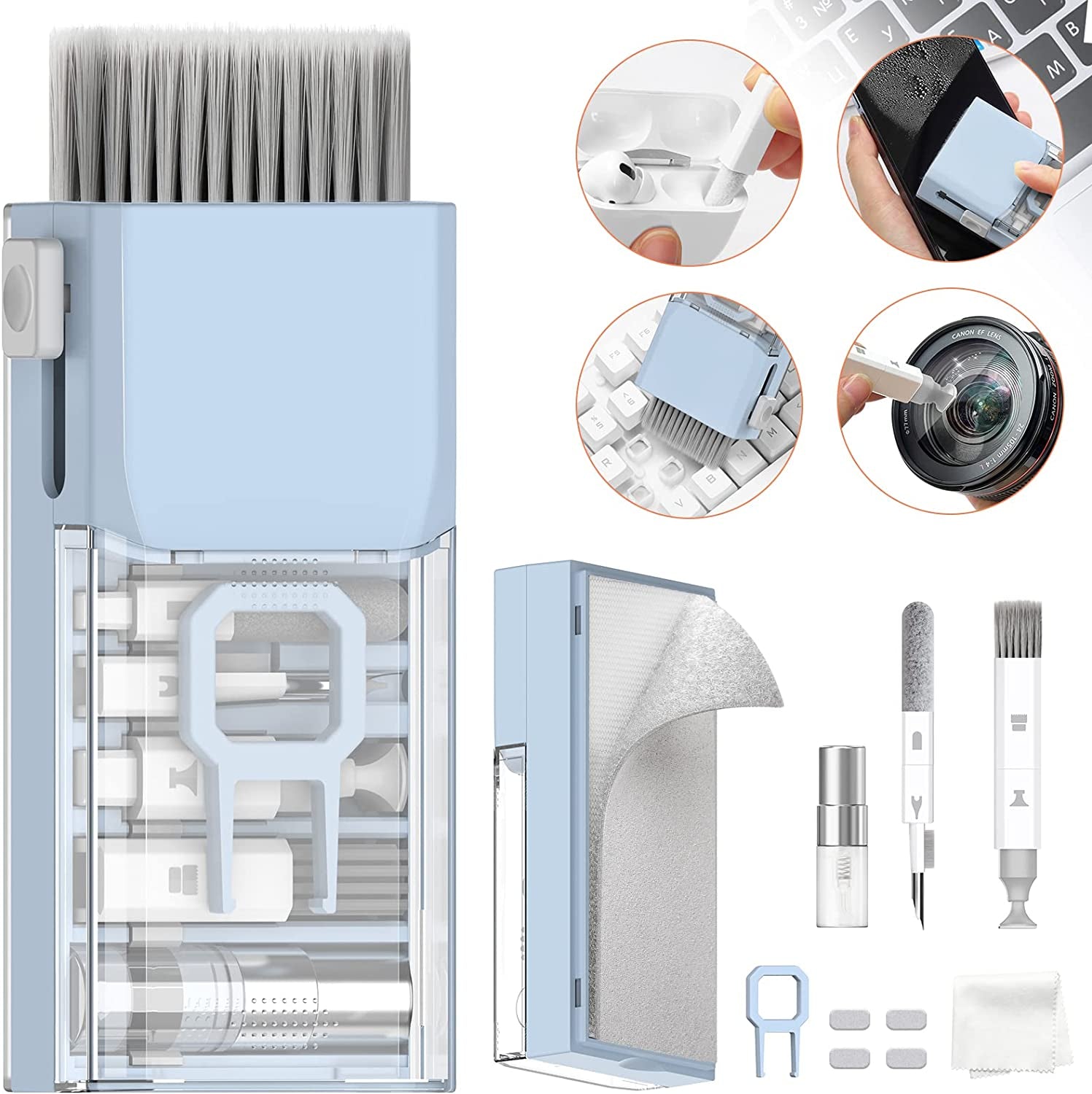 10-In-1 Keyboard Cleaner, Laptop Cleaning Kit Lens Pen for DSLR Cameras, 3 in 1 Earbud Cleaner Pen, Computer Cleaning Kit, Polish Cleaning Cloth Brush for Screen/Electronic/Macbook/Phone/Ipad/Pc/  Grete Gotye Morandi Blue  