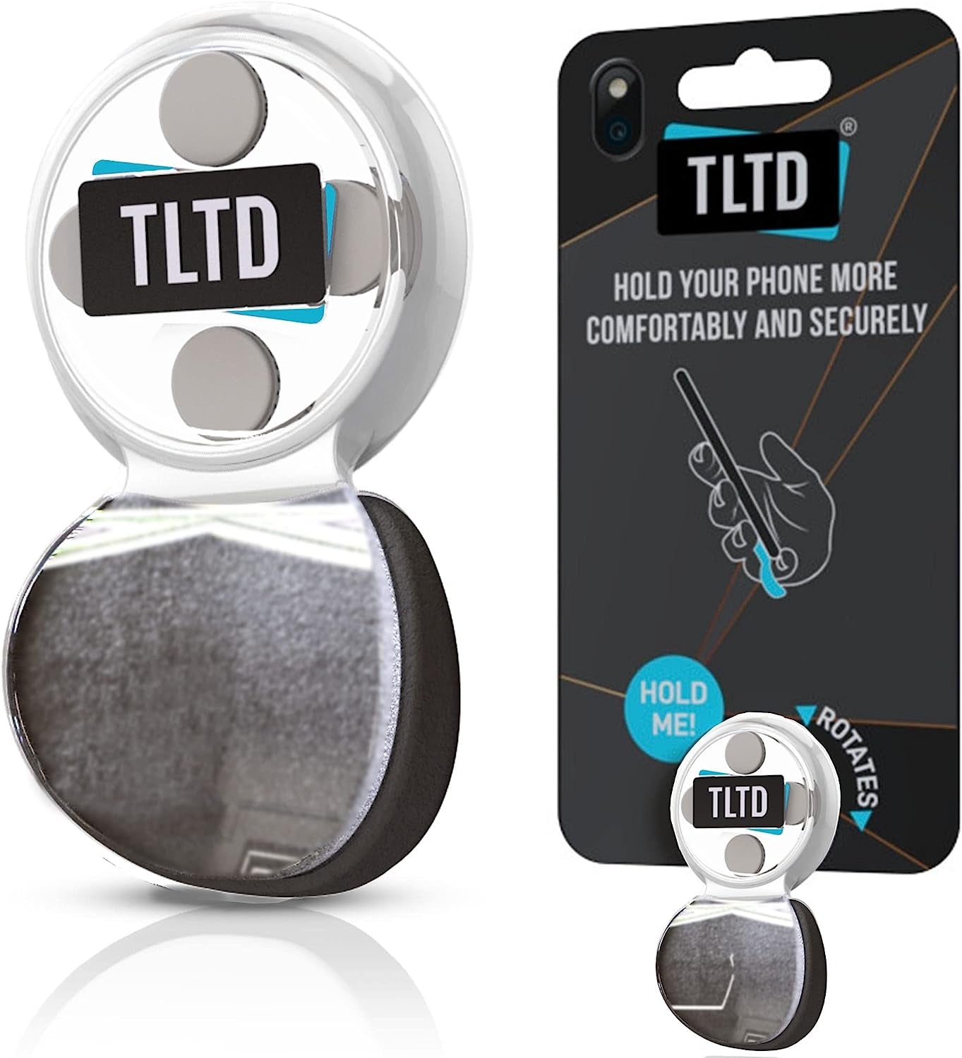 TLTD Premium Phone Grip Holder with 360°Rotation Pop Out Silicone Cushion Finger Grip for Iphone Samsung Smartphones with Secure Stick to Phone & Case Comfortable than Ring & Collapsible Strap (Black)  TLTD Clear with Black Cushion  