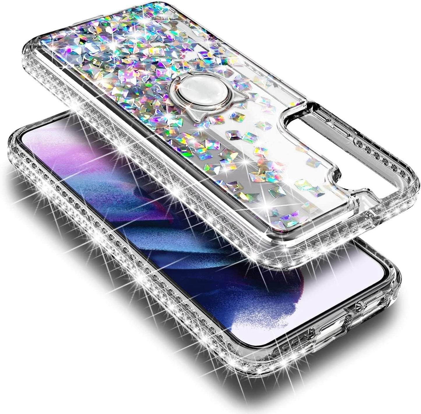 NGB Supremacy Compatible with Samsung Galaxy S22 plus Case (5G 6.6 Inch) with Screen Protector (Maximum Coverage, Flexible TPU), Ring Holder/Wrist Strap, Glitter Liquid Cute Case (Crystal Gem)  NGB Supremacy   