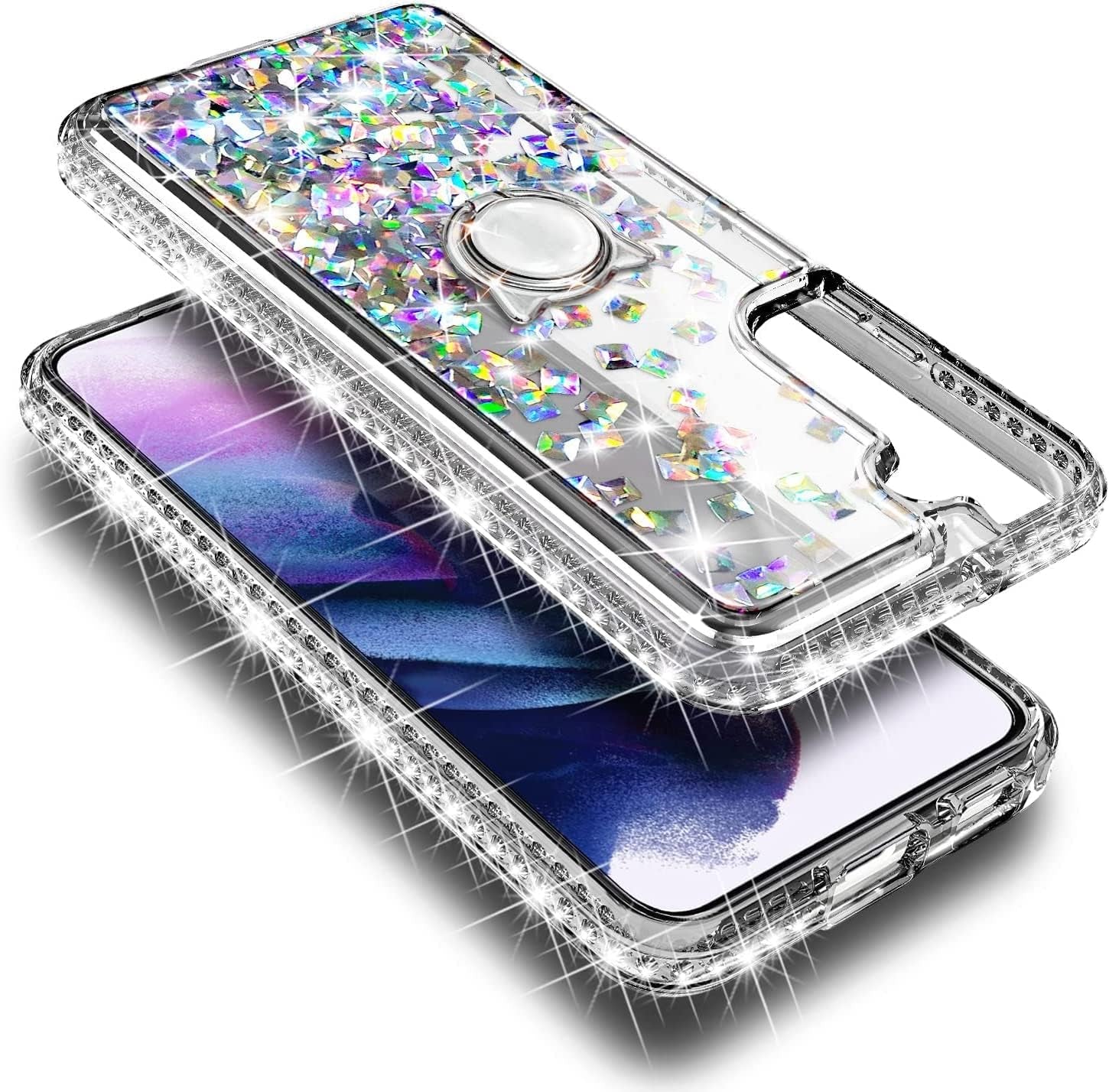 NGB Supremacy Compatible with Samsung Galaxy S22 plus Case (5G 6.6 Inch) with Screen Protector (Maximum Coverage, Flexible TPU), Ring Holder/Wrist Strap, Glitter Liquid Cute Case (Crystal Gem)  NGB Supremacy   