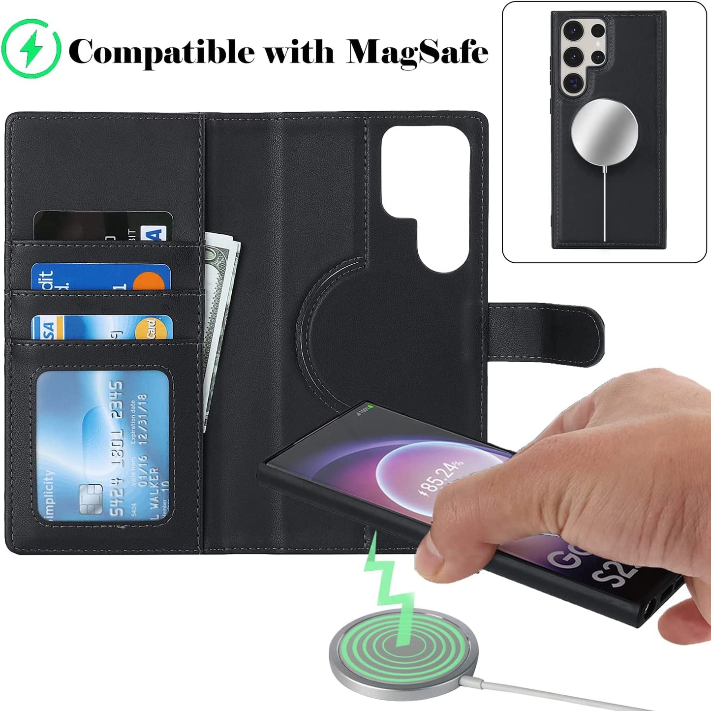 Ｈａｖａｙａ Samsung Galaxy S23 Ultra Case Wallet Magsafe Compatible,Samsung Galaxy S23 Ultra Wallet Case with Card Holder，Magnetic Detachable Flip Cover for Women Men Mujer-Black  Ｈａｖａｙａ   