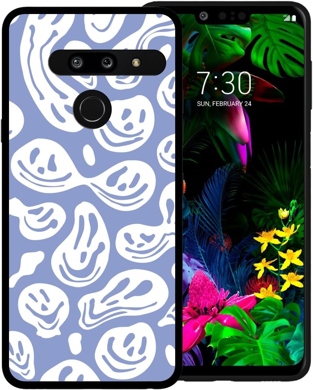 Zaztify Phone Case for LG G8 Thinq, Pastel Pink White Funny Trippy Dripping Smile Melted Hippie Smiling Skull Ghost Face Shockproof Protective Cover Shell  zaztify Blue-White Trippy Face  