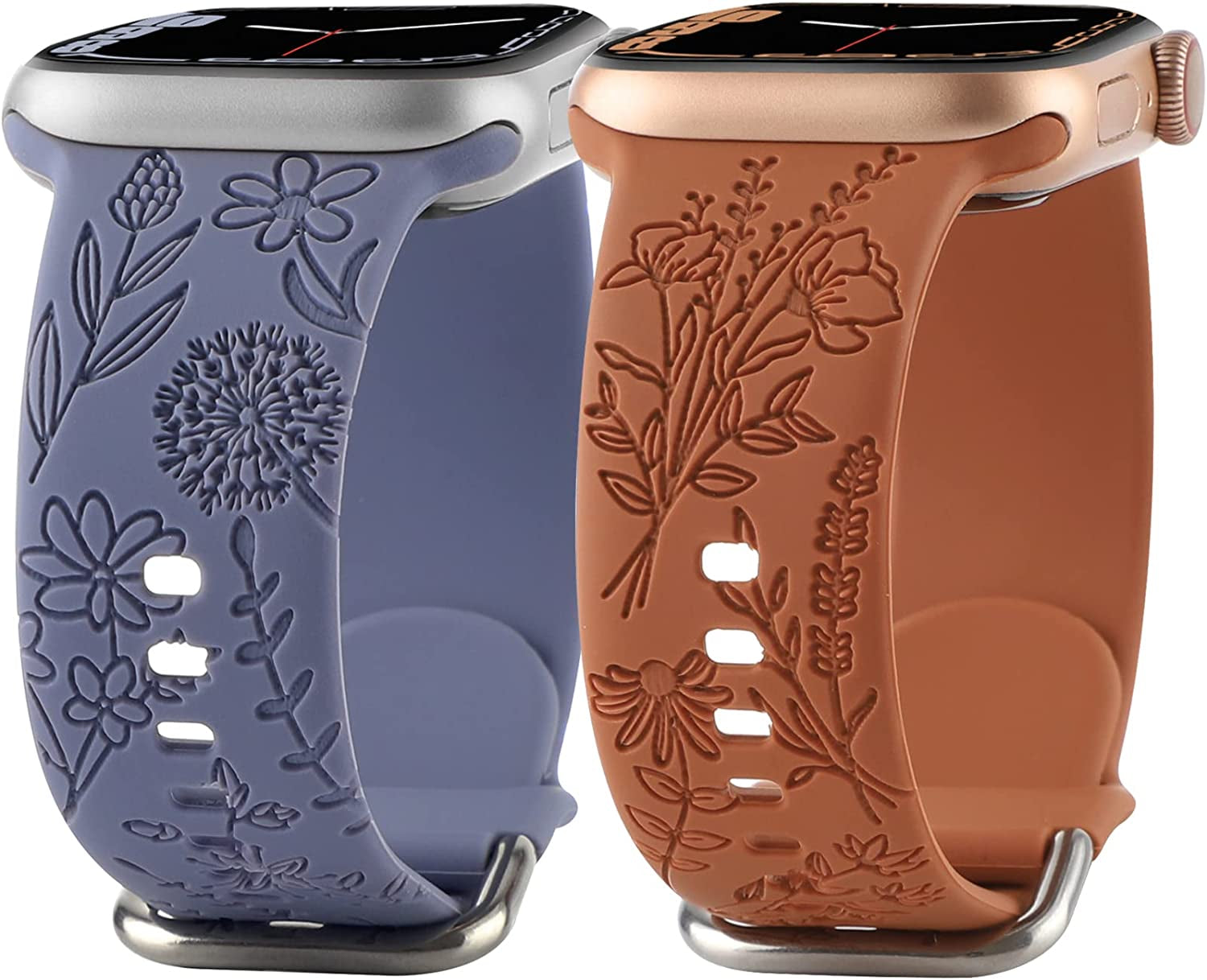 Flower Engraved Silicone Band Compatible with Apple Watch Bands 38Mm 40Mm 41Mm, Cute Women Wildflowers Floral Design Soft Sport Strap Replacement Wristbands for Iwatch Series 8 7/SE/6/5/4/3/2/1  FERJITGR Lavender Brown 38/40/41mm 