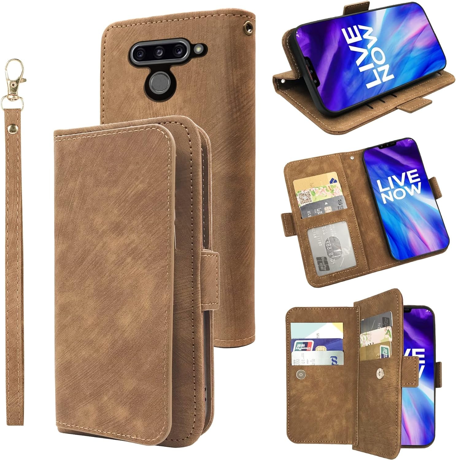 Furiet Compatible with LG V40 Thinq Wallet Case Wrist Strap Lanyard Leather Flip Card Holder Stand Cell Accessories Phone Cover for LGV40 Storm V 40 Thin Q V40Thinq LG40 40V 40Thinq Women Green  Furiet Brown  