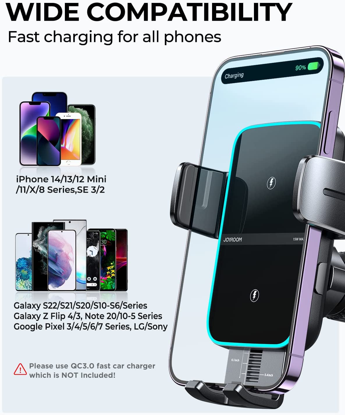 Wireless Car Charger Phone Mount: Dual Coil Joyroom LED Qi 15W Cell Phone Fast Charging Vent Holder with Auto Smart Sensor Clamping for Iphone 14 13 12 11 Pro Max, Samsung Galaxy S22 21 Note 20  JOYROOM   
