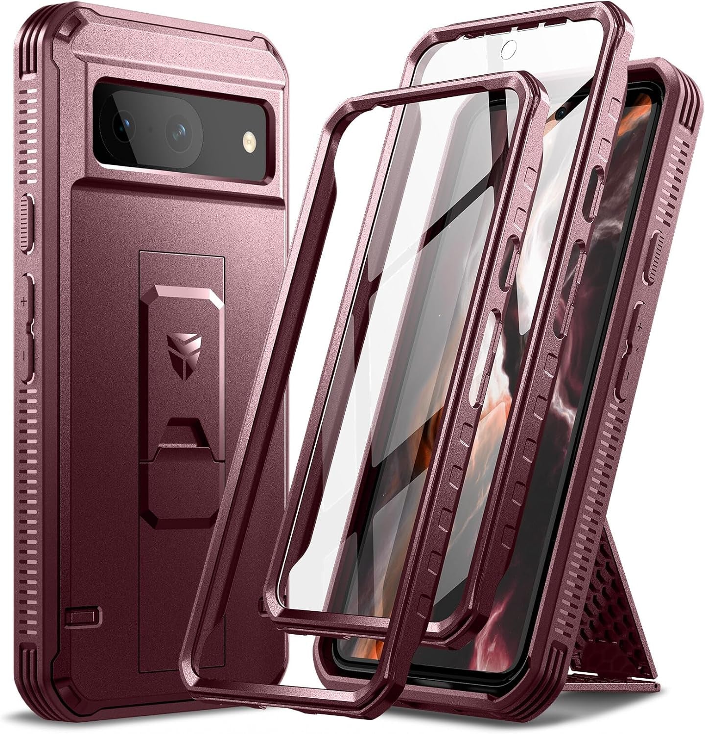 Dexnor Full Body Case for Google Pixel 8, Built-In Screen Protector and Kickstand, [Extra Front Frame] Heavy Duty Military Grade Protection Shockproof Rugged Cover Case for Pixel 8 5G, Grey Blue  Dexnor Pompeian Red Pixel 8 