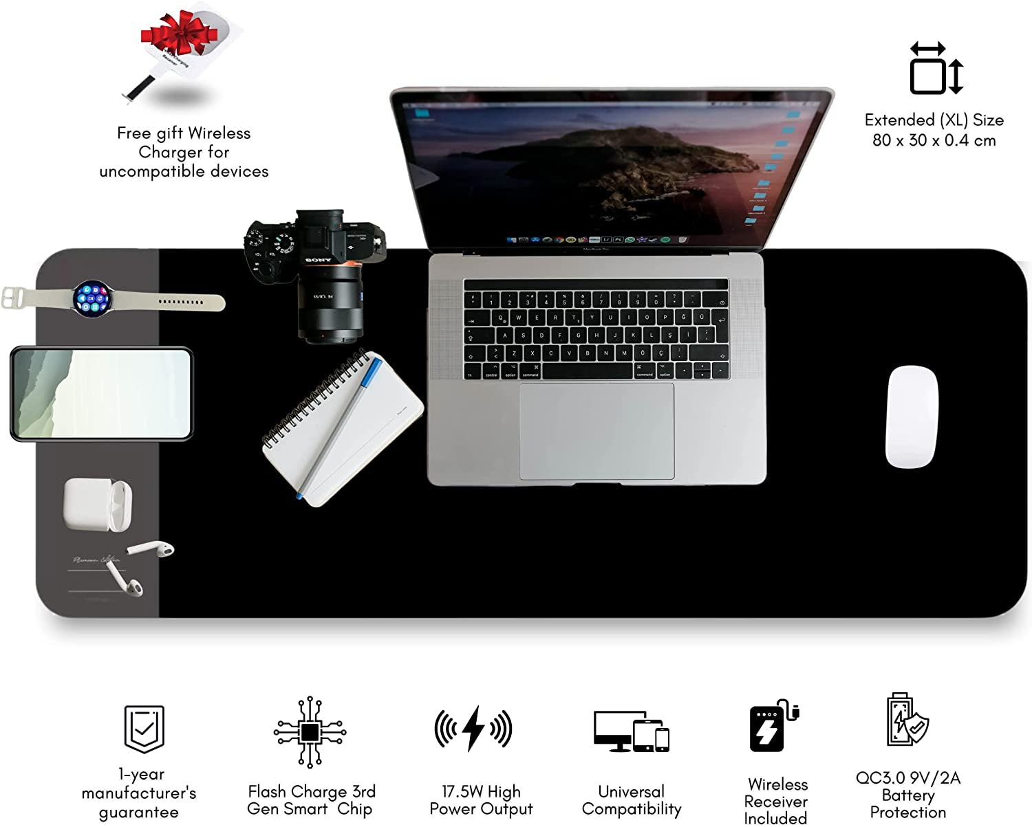 Xavyr Gaming XL Mousepad Deskpad with 3-In-1 Qi Wireless Charger 80 X 30 X 0.4 Cm for Smartphone, Smartwatch & Earbuds Can Charge All 3 Devices Altogether. Free Qi Wireless Receiver  Shenzen Kingsoil   