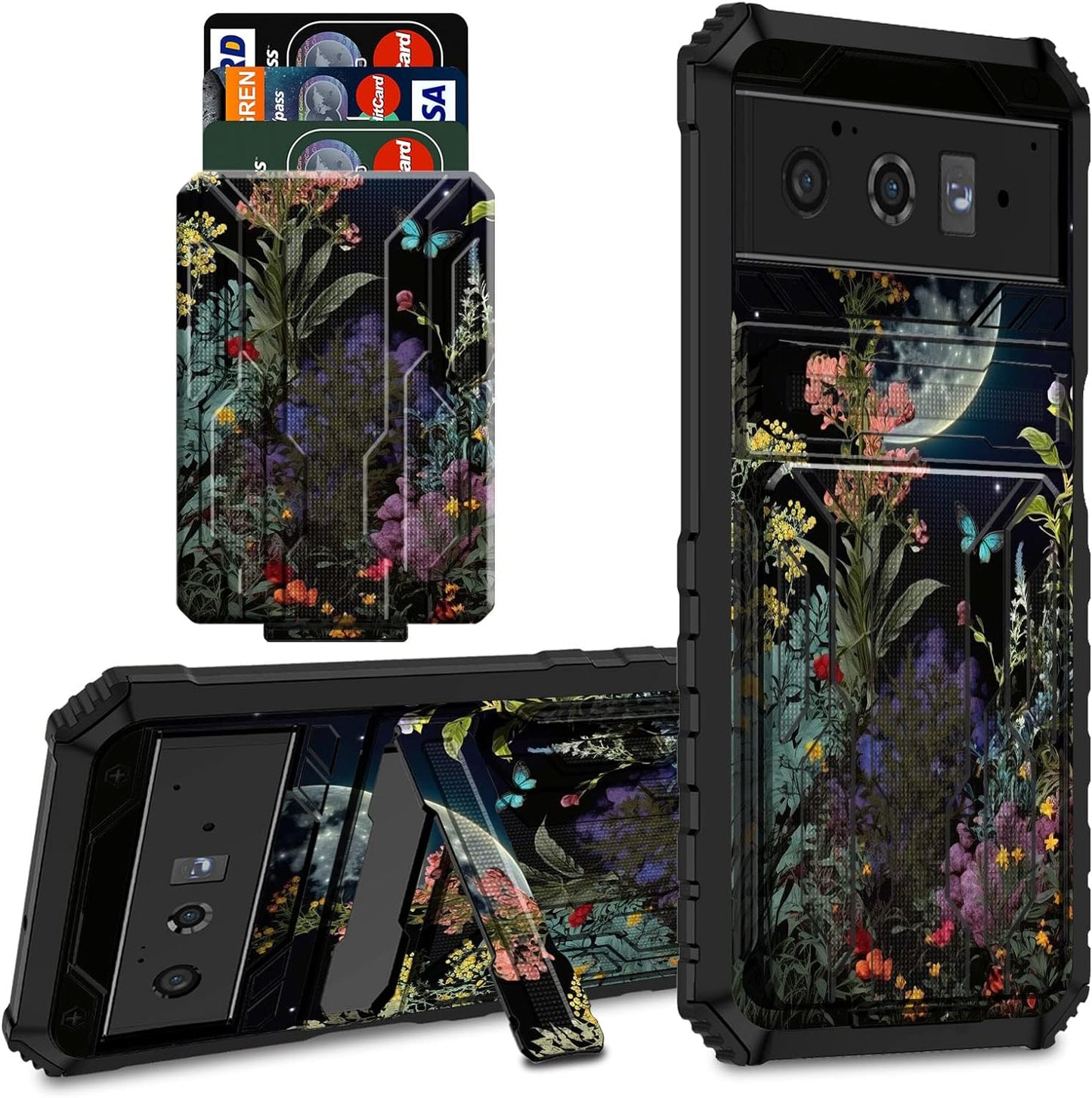 CGFGHHUY for Google Pixel 6 Pro Case for Pixel 6 Pro Wallet Case with Credit Card Holder & Kickstand Dual Layer Hard PC Soft TPU Protective Case for Google Pixel 6 Pro 6.7 Inch 2021 - Moth Moon Sun  CGFGHHUY Moon Flower Floral For Pixel 6 Pro 6.7 Inch 