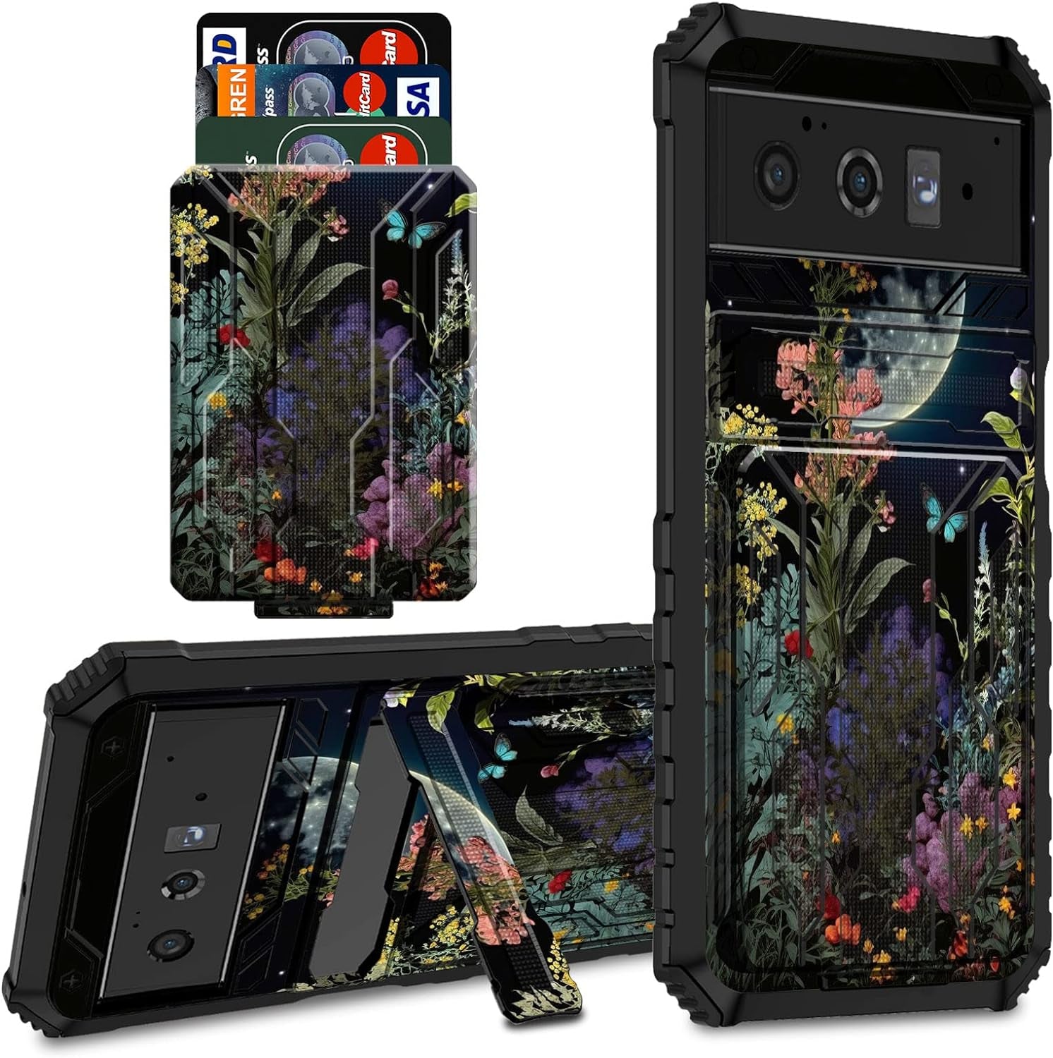 CGFGHHUY for Google Pixel 6 Pro Case for Pixel 6 Pro Wallet Case with Credit Card Holder & Kickstand Dual Layer Hard PC Soft TPU Protective Case for Google Pixel 6 Pro 6.7 Inch 2021 - Moth Moon Sun  CGFGHHUY Moon Flower Floral For Pixel 6 Pro 6.7 Inch 