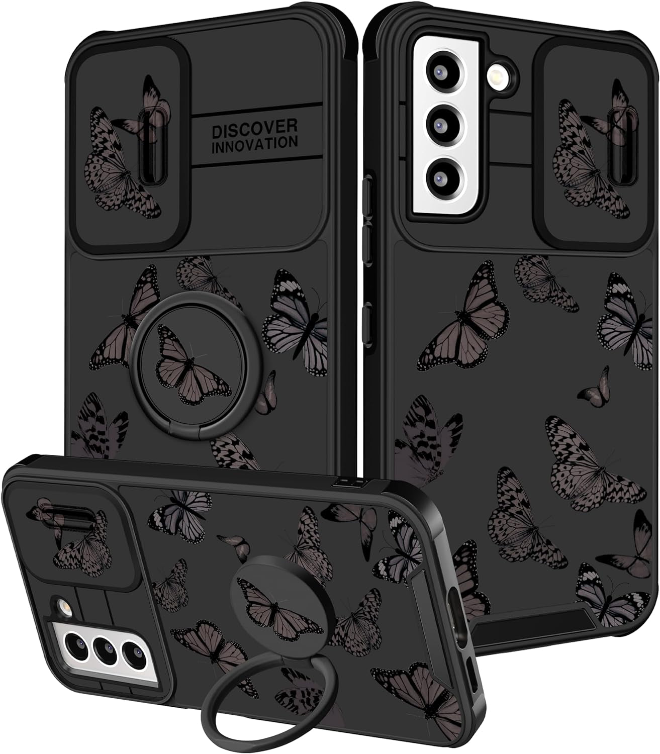 Funermei (2In1 for Samsung Galaxy S22 Case for Girls Women Cute Butterfly Cover Girly Aesthetic Black Pretty Fashion Design with Camera Cover and Ring Stand Funda for Galaxy S22 Phone Cases  Funermei   