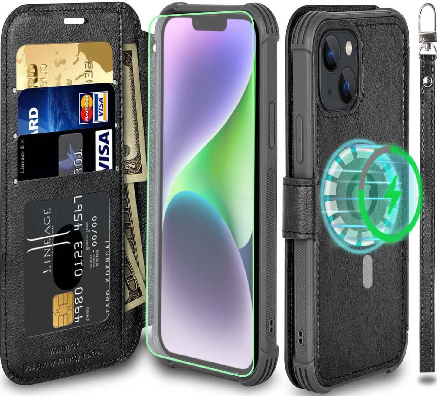 VANAVAGY Iphone 14 plus Wallet Case Magsafe,Leather Flip Folio Phone Cover Supports Magsafe and Wireless Charging with RFID Block Card Holder and Wrist Strap,Clove Purple  VANAVAGY Black（Not for iPhone 14 ）  