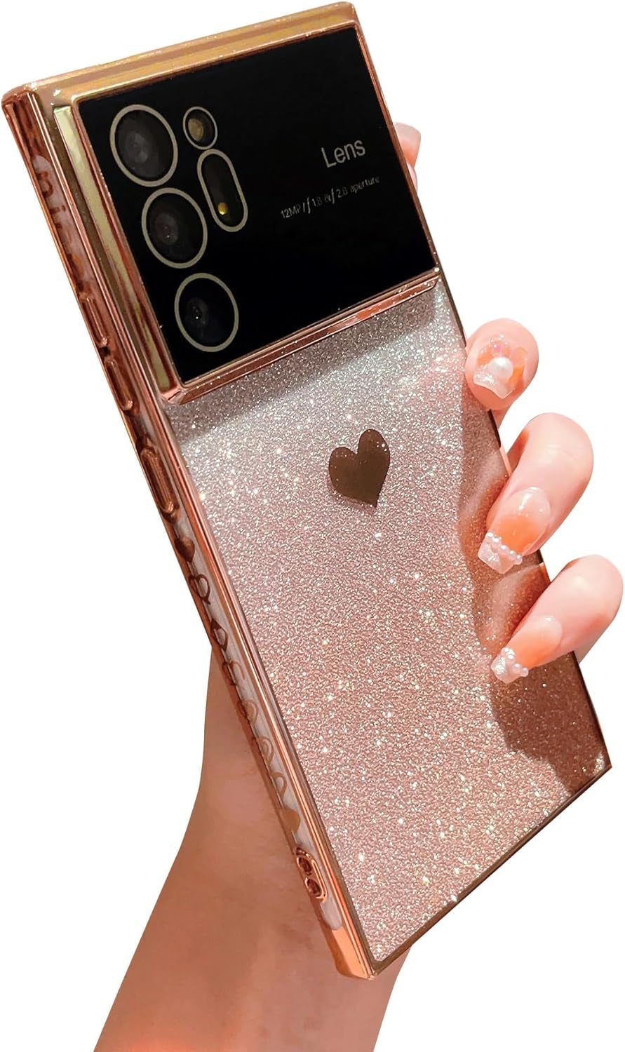 Phylla Gradient Glitter Heart for Samsung Galaxy Note 20 Ultra 5G Phone Case [Full Camera Lens Protector],Luxury Plating Slim Clear Case with Side Pattern,Soft Shockproof Protective Bumper (Gold)  PHYLLA   