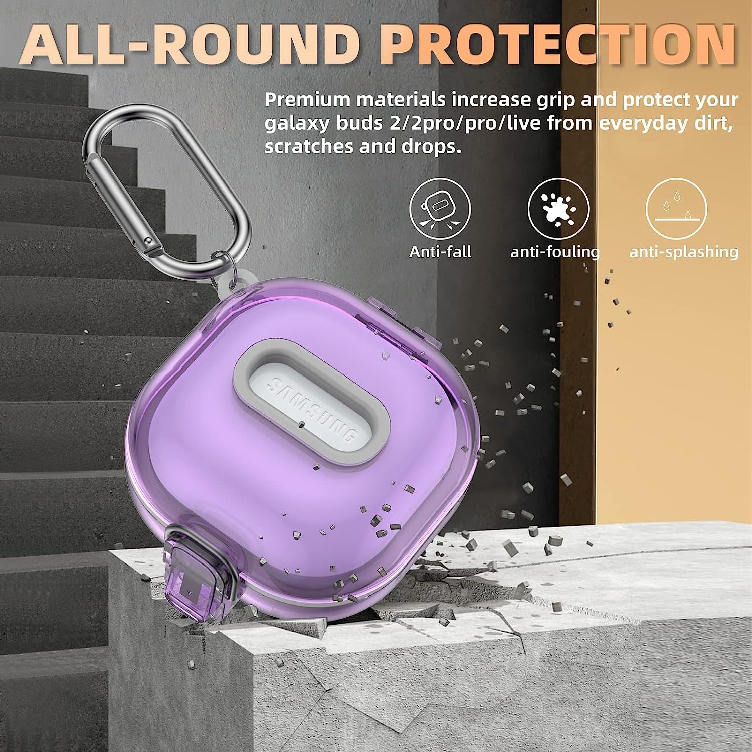 WOFRO [Secure Lock] Clear Case for Samsung Galaxy Buds 2 Pro/Galaxy Buds 2/Galaxy Buds Pro/Galaxy Buds Live Earbuds, Shock-Absorbing Protective Cover Skin Hard with Carabiner & Lanyard(Clear Purple)  WOFRO   