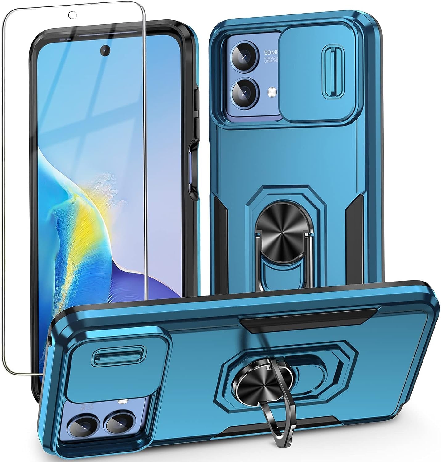 For Motorola Moto G Stylus 5G 2023 Case with Slide Camera Cover + Tempered Glass Screen Protector,[Full Camera Protection] [Ring Kickstand] Military Grade Shockproof Full Body Protective Cover-Orange  Mocotto Blue  