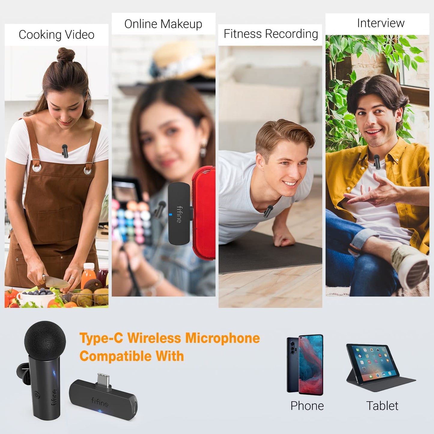 FIFINE Wireless Lavalier Lapel Microphone System for Phones/Tablets, 2.4Ghz Cordless Condenser Omnidirectional Clip-On Mic, USB C Receiver, for Video, Interview, Vlog, Youtube, Recording-M6  FIFINE   