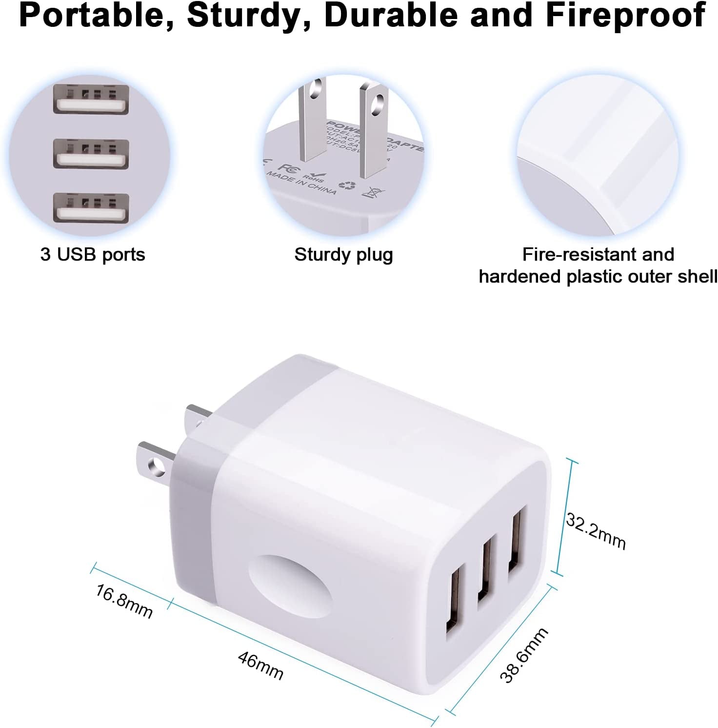 USB Wall Charger Adapter, 18W/3Amp Fast Multiple 3-Ports USB Plug Charger Block Cube Charger Box USB Brick Charging Base Compatible Iphone 14 13 12 11 Pro Max Xs XR X 8 7 6 Pad, Samsung, Android  Shenzhen Putuo Technology Co.,Ltd   