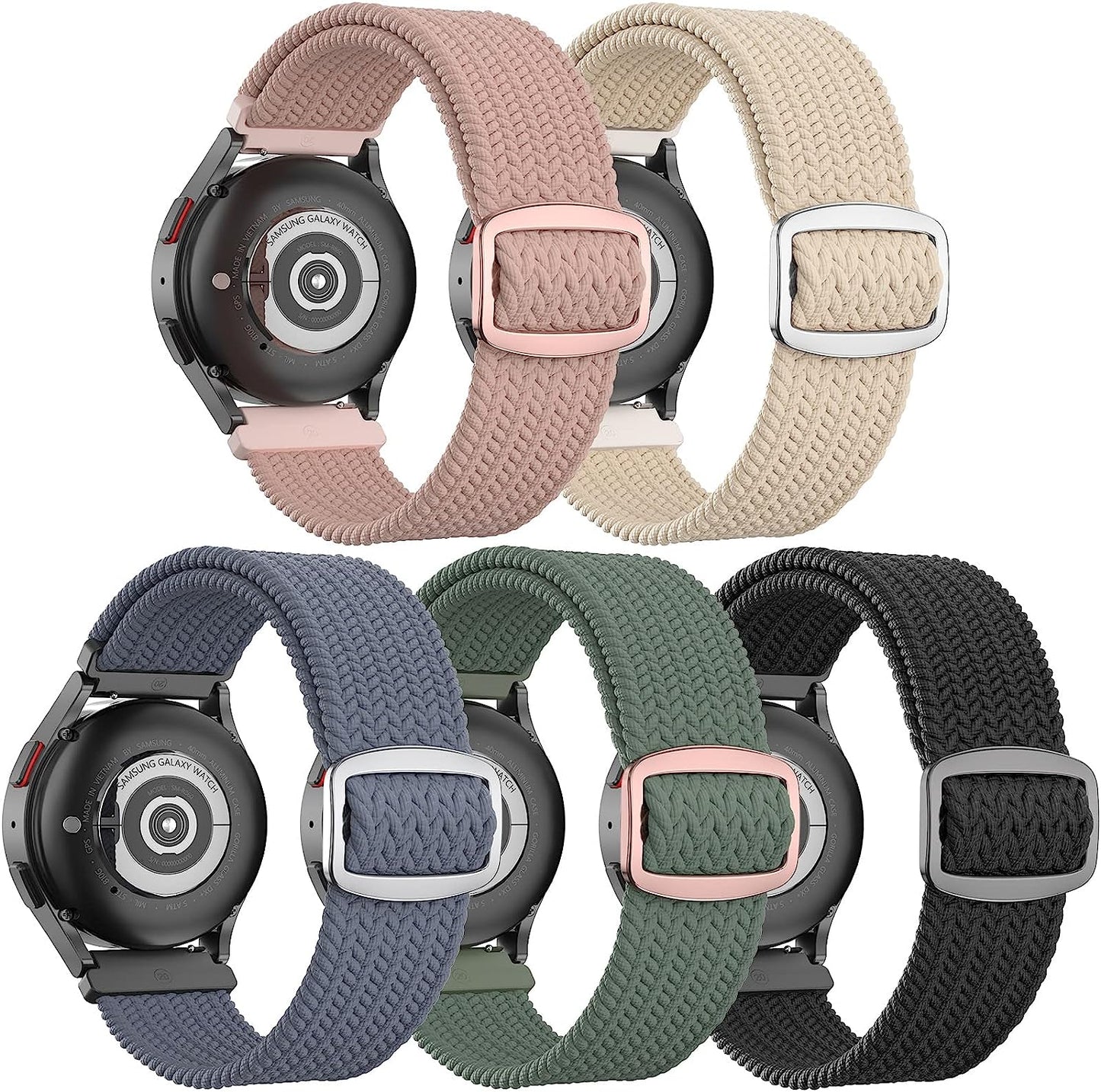 20Mm Braided Bands Compatible with Samsung Galaxy Watch 5&4 Band/Active 2 40Mm 44Mm/Galaxy Watch 5 Pro 45Mm/Galaxy Watch 4 Classic 42Mm 46Mm/Watch 3 41Mm, 5 Pack Elastic Stylish Quick Release Bands  ABOVEACC F-Milk Tea/Pine Needle Green/Gray Blue/Dark Pink Sand/Black  