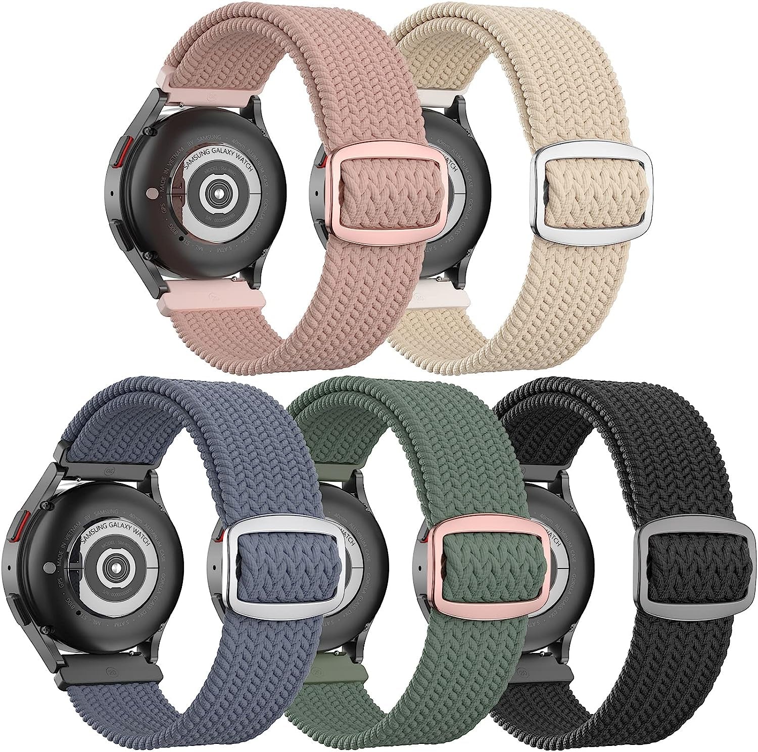 20Mm Braided Bands Compatible with Samsung Galaxy Watch 5&4 Band/Active 2 40Mm 44Mm/Galaxy Watch 5 Pro 45Mm/Galaxy Watch 4 Classic 42Mm 46Mm/Watch 3 41Mm, 5 Pack Elastic Stylish Quick Release Bands  ABOVEACC F-Milk Tea/Pine Needle Green/Gray Blue/Dark Pink Sand/Black  