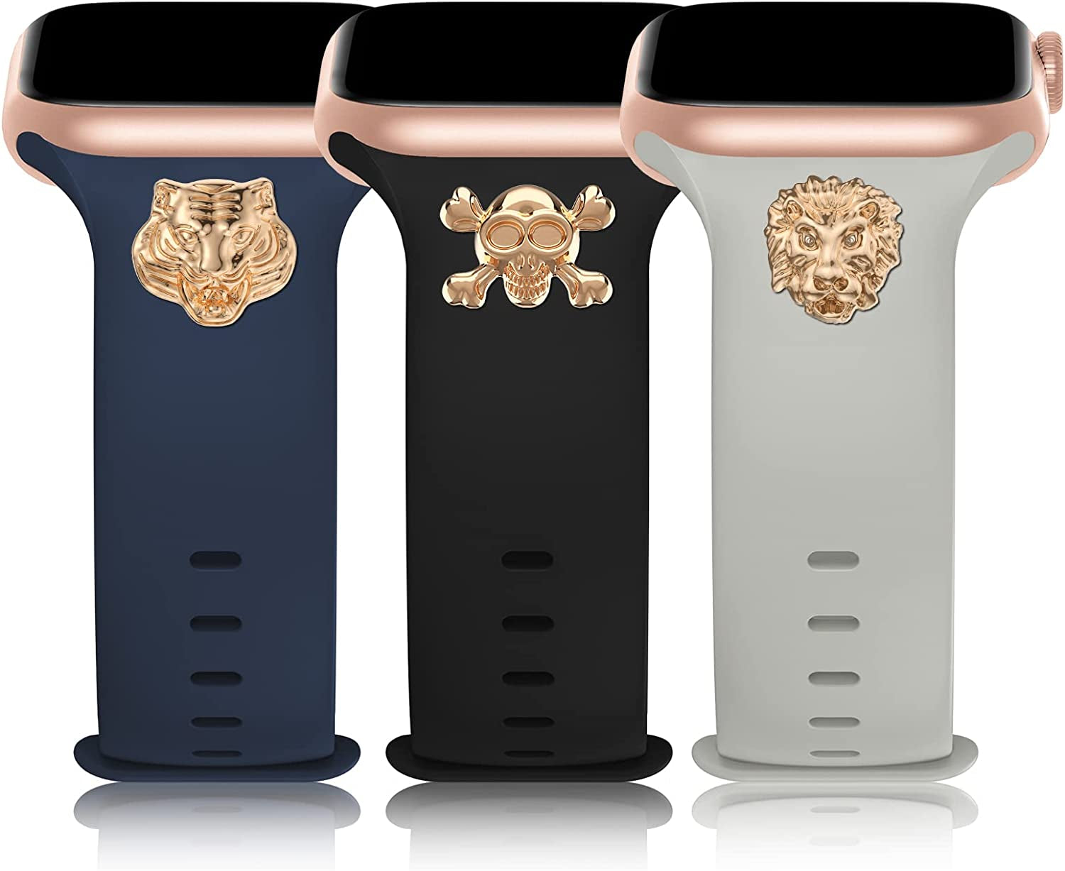 3 Pack Sport Band with DIY Charms Compatible with Apple Watch Bands 41Mm 40Mm 38Mm, Designer Soft Silicone Wristbands Replacement Strap for Iwatch Series SE 8 7 6 5 4 3 2 1 Utral for Women Men  Plesechde Black/Navy Blue/Stone 42mm/44mm/45mm/49mm 